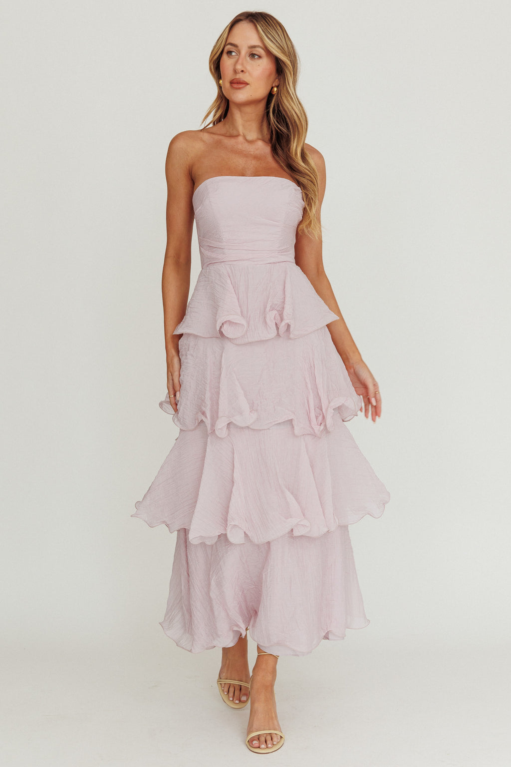Giavana Strapless Layered Ruffles Midi Dress Lilac by Selfie Leslie