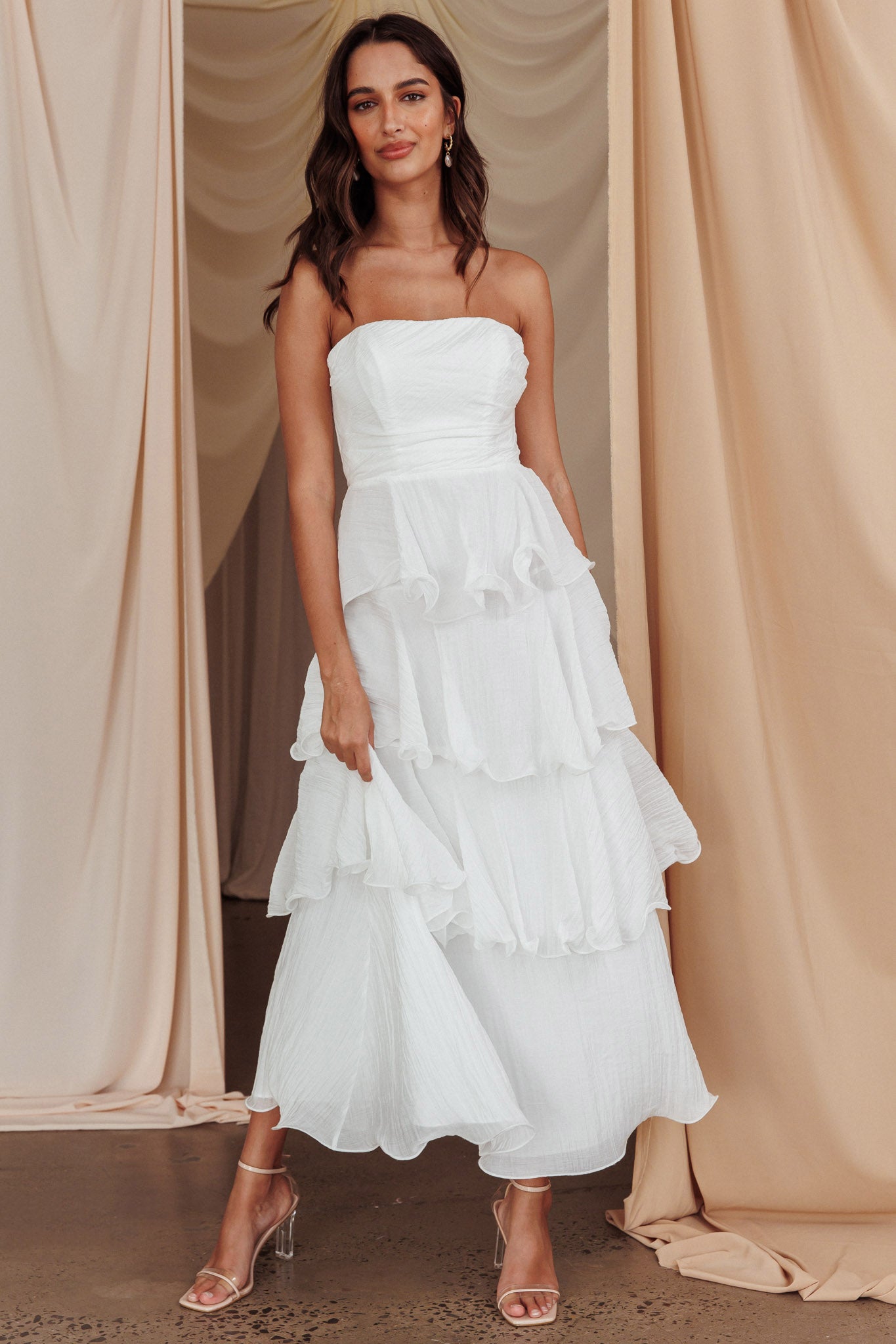 Giavana Strapless Layered Midi Dress Off White XS