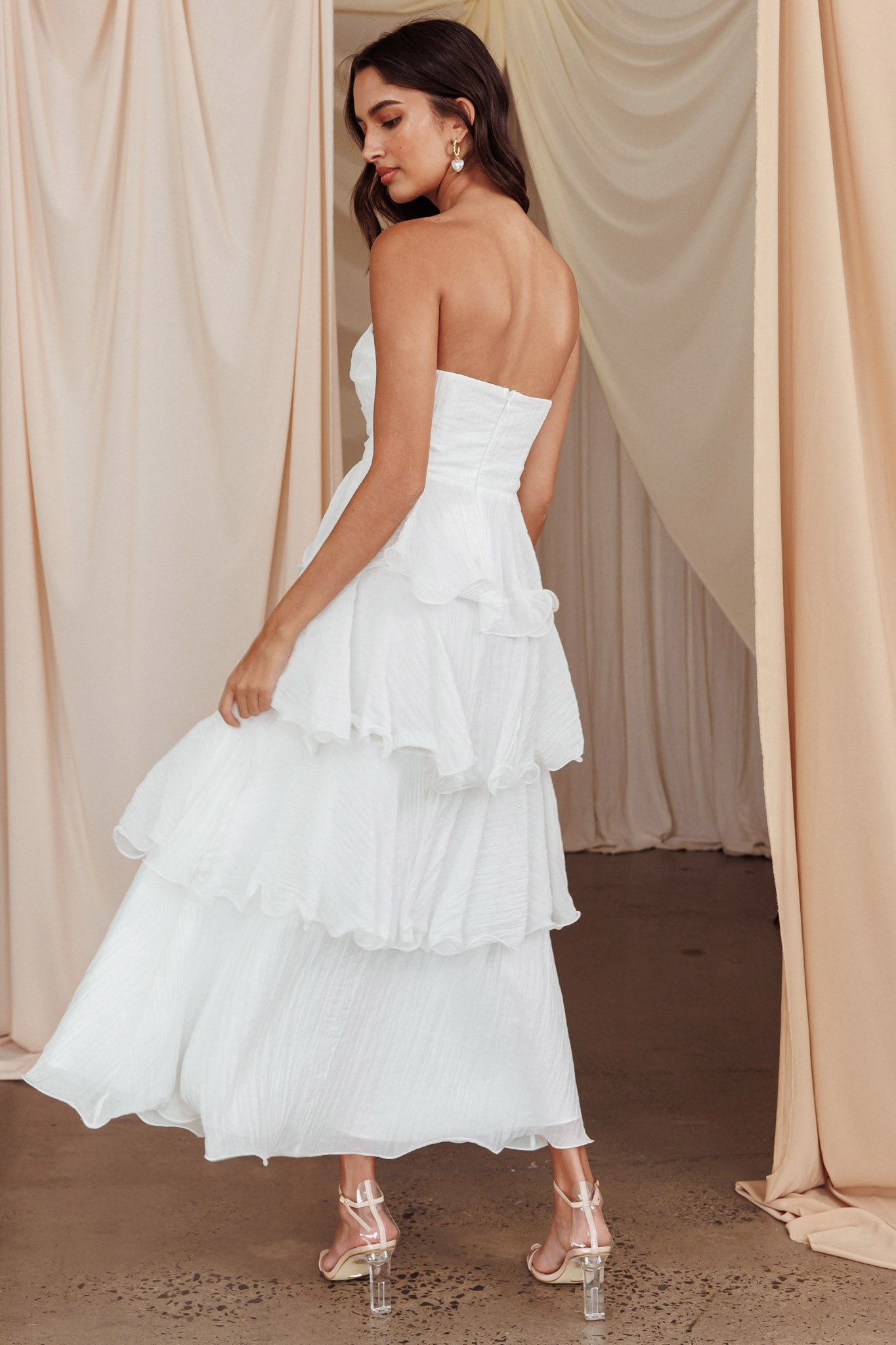 Giavana Strapless Layered Midi Dress Off White L Giavana Strapless Layered Midi Dress Off White L