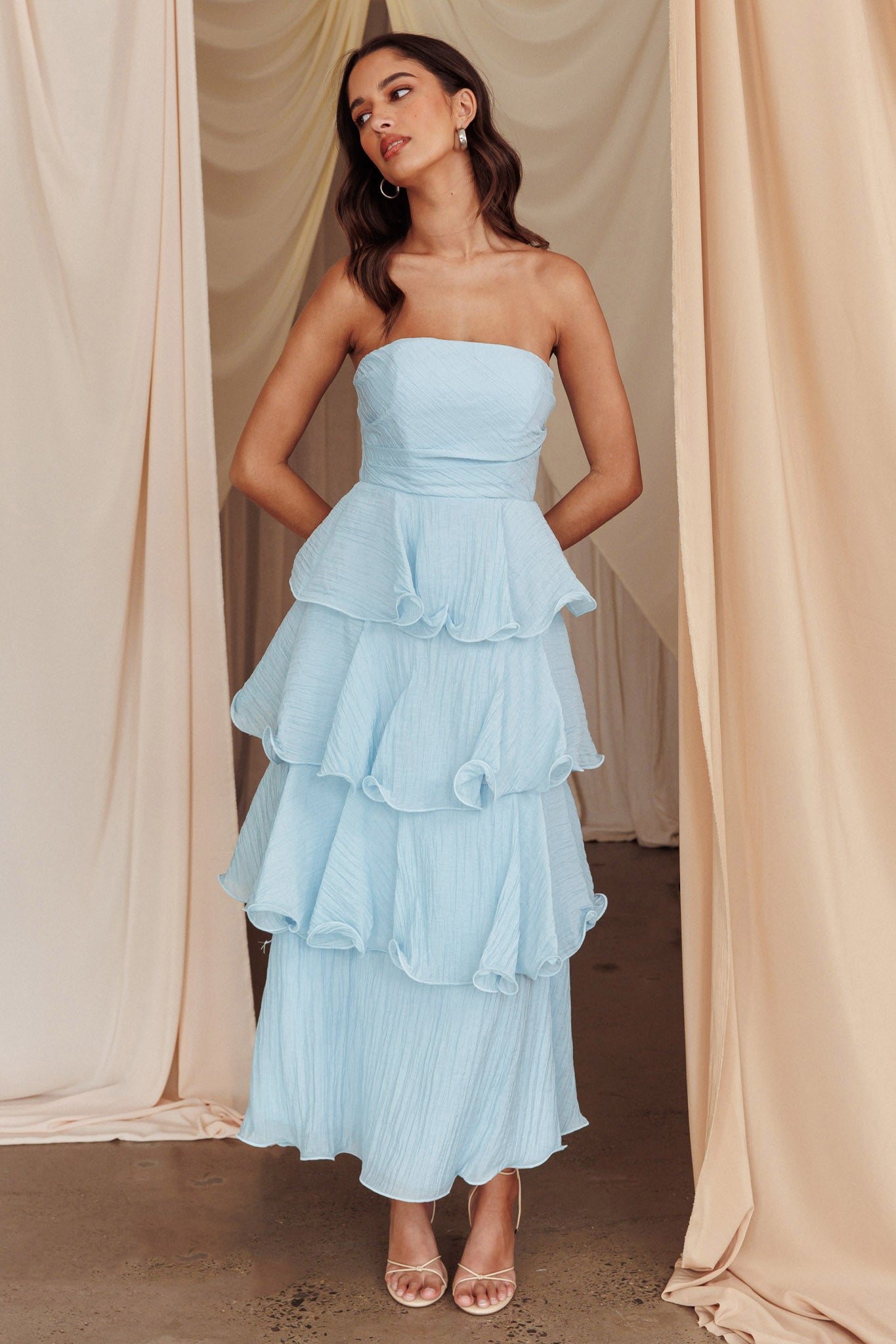 Giavana Strapless Layered Midi Dress Pale Blue S