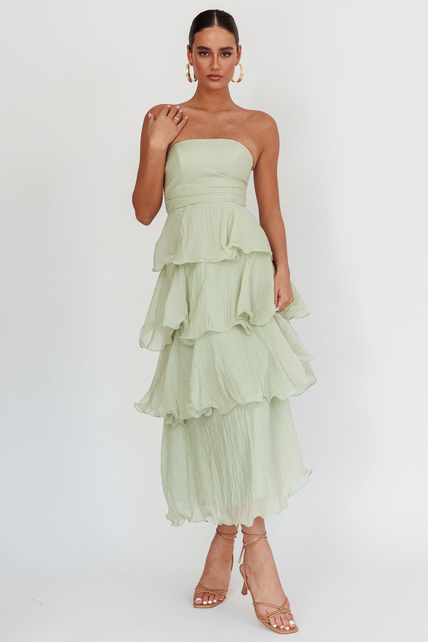 Giavana Strapless Layered Midi Dress Sage Selfie Leslie Giavana Strapless Layered Midi Dress Sage Selfie Leslie