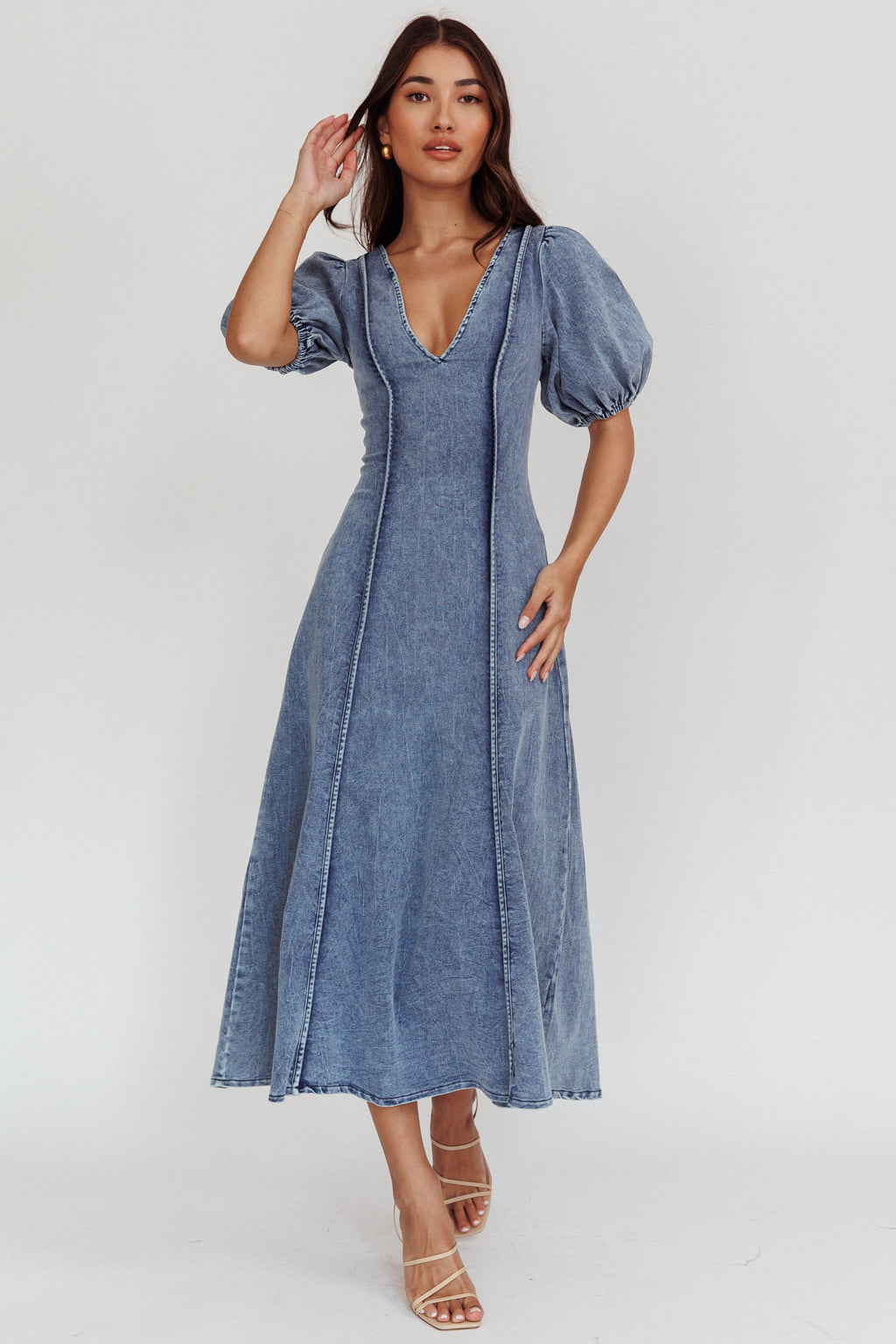 white christmas dresses Morgane Puff Sleeve V-Neck Midi Dress Light Denim Blue– Selfie Leslie