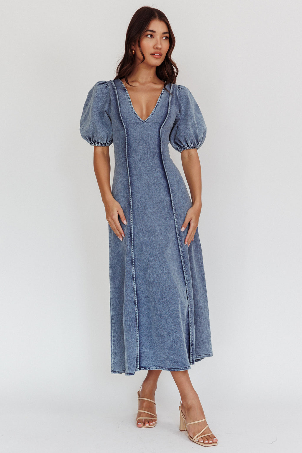 Morgane Puff Sleeve V-Neck Midi Dress Light Denim Blue by Selfie Leslie