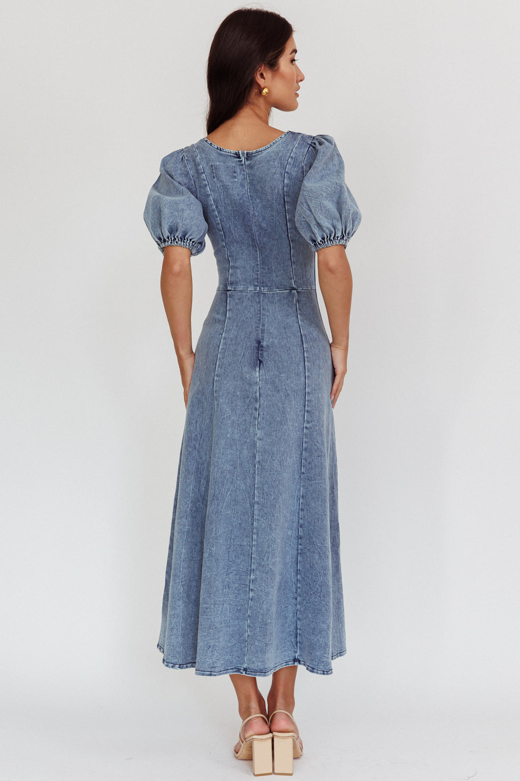 Morgane Puff Sleeve V-Neck Midi Dress Light Denim Blue by Selfie Leslie