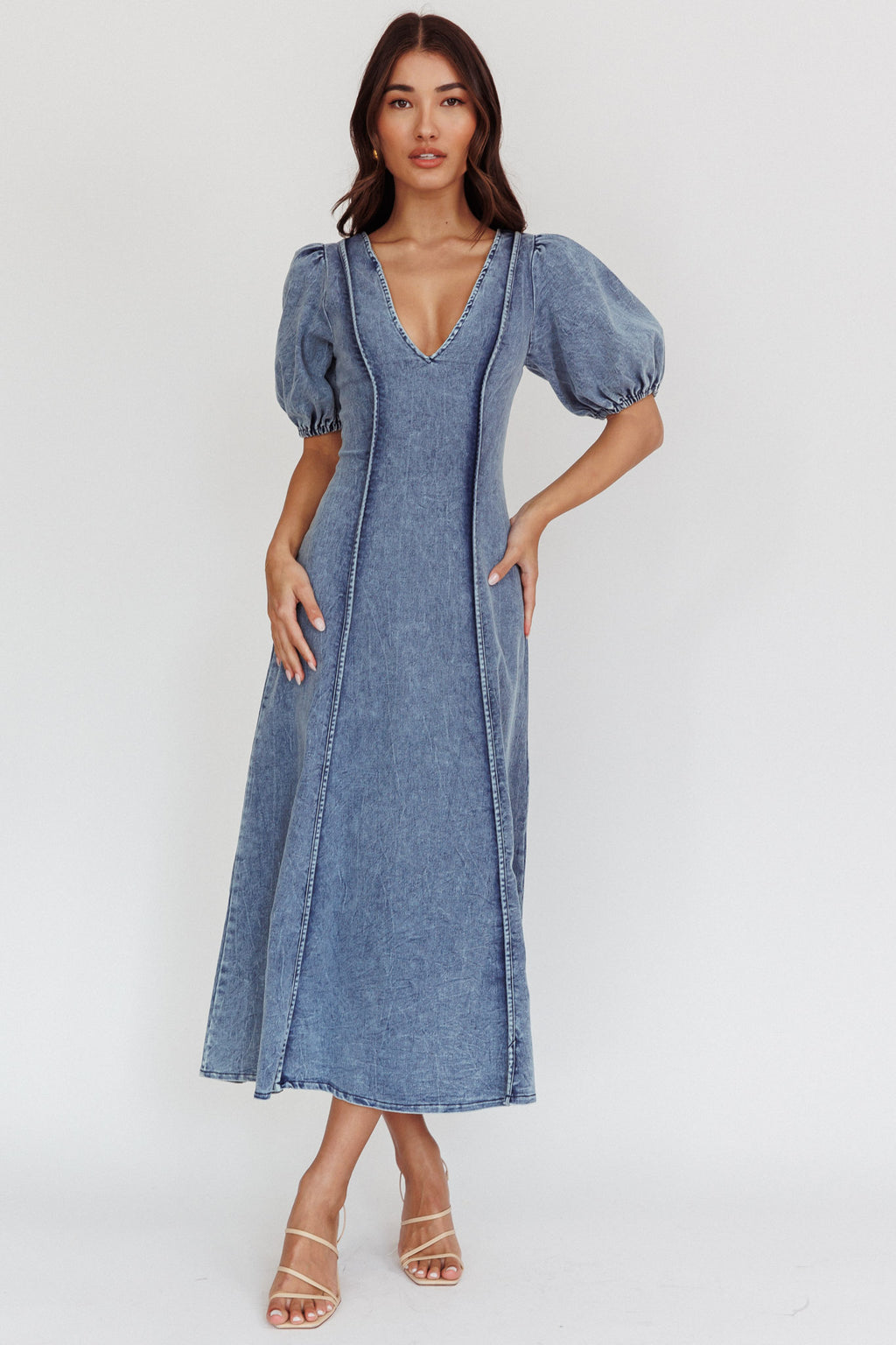 Morgane Puff Sleeve V-Neck Midi Dress Light Denim Blue by Selfie Leslie