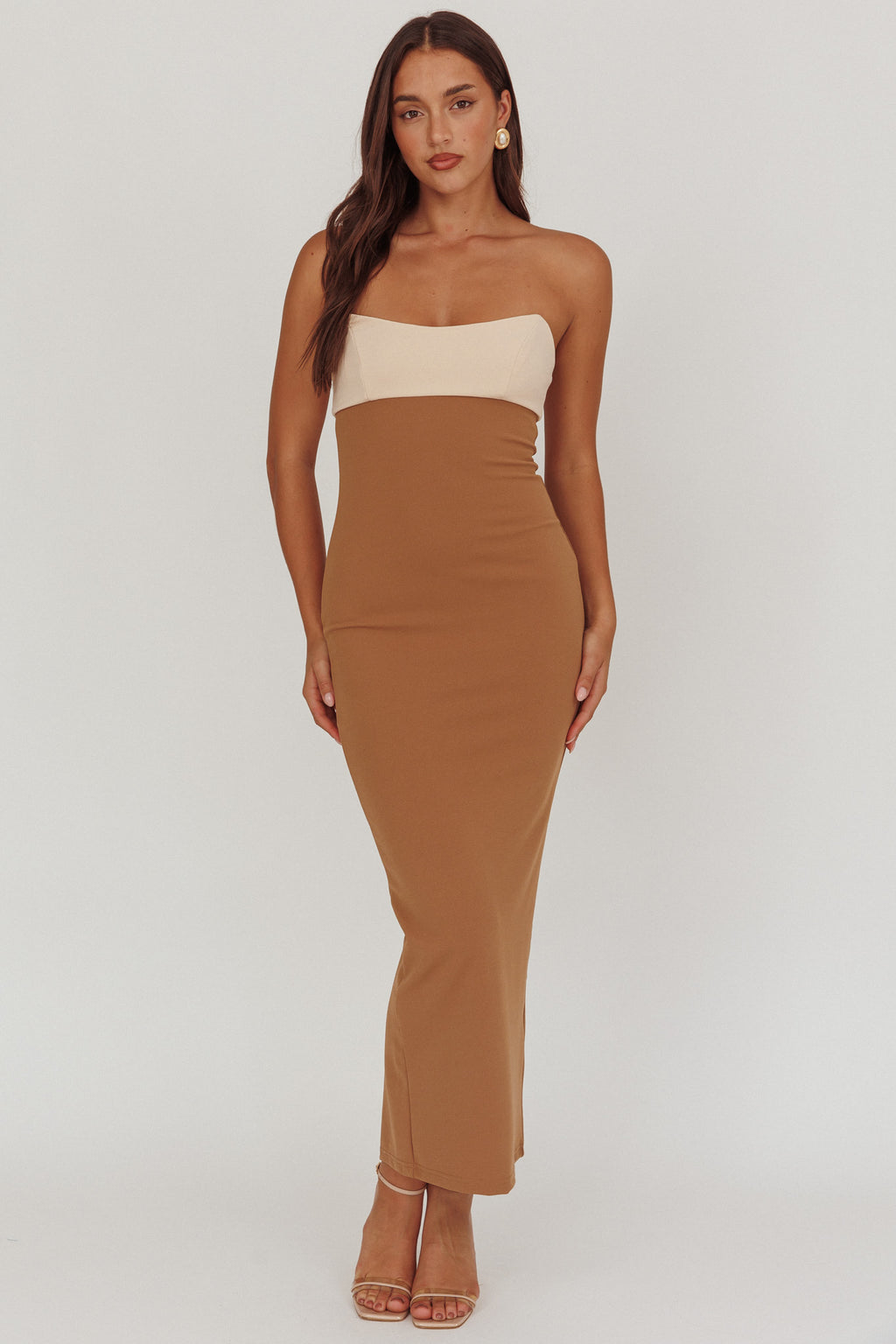 Regent Strapless Maxi Dress Contrast Camel by Selfie Leslie