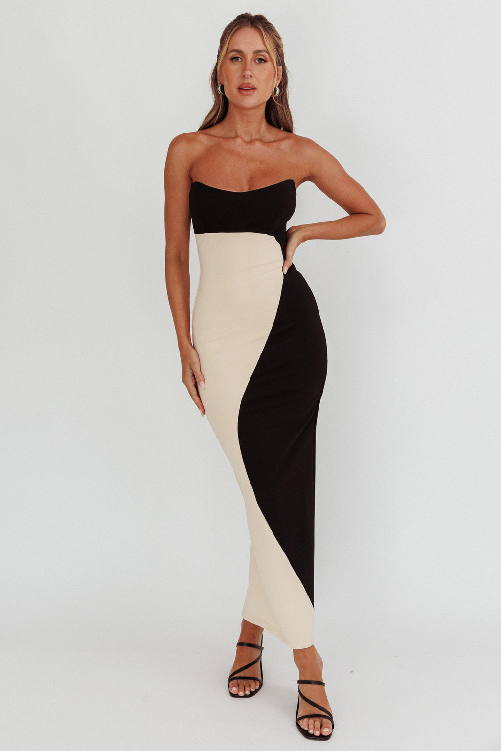 Regent Strapless Maxi Dress Black/Beige by Selfie Leslie