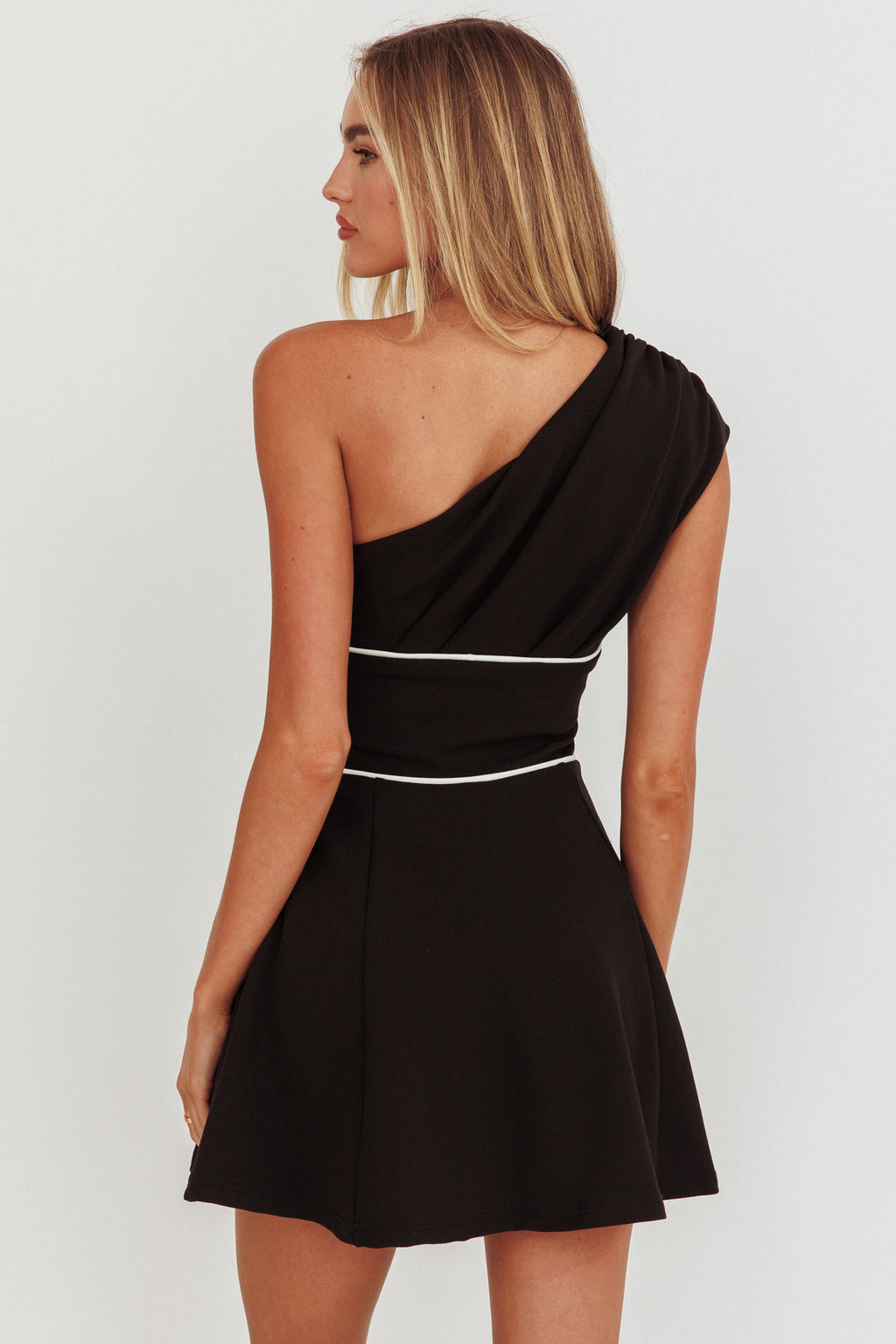 Carissa One-Shoulder Piping Mini Dress Black by Selfie Leslie