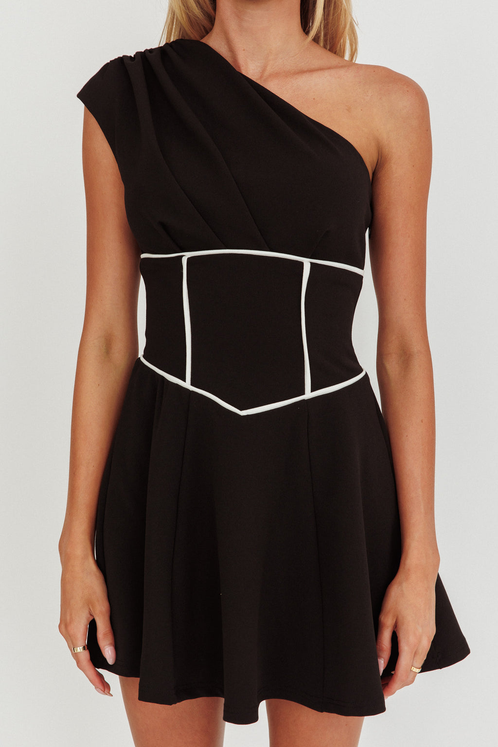 Carissa One-Shoulder Piping Mini Dress Black by Selfie Leslie