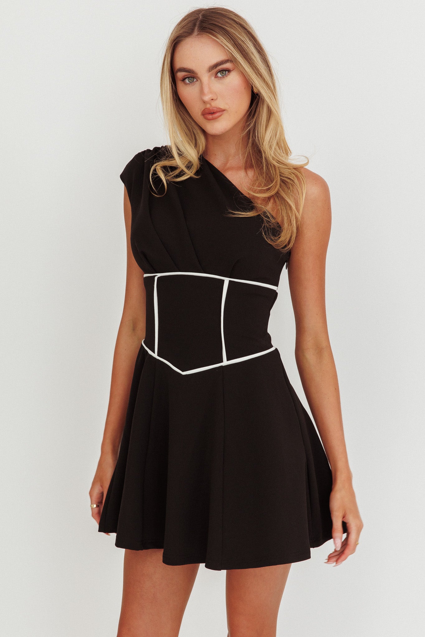 Carissa One-Shoulder Piping Mini Dress Black by Selfie Leslie