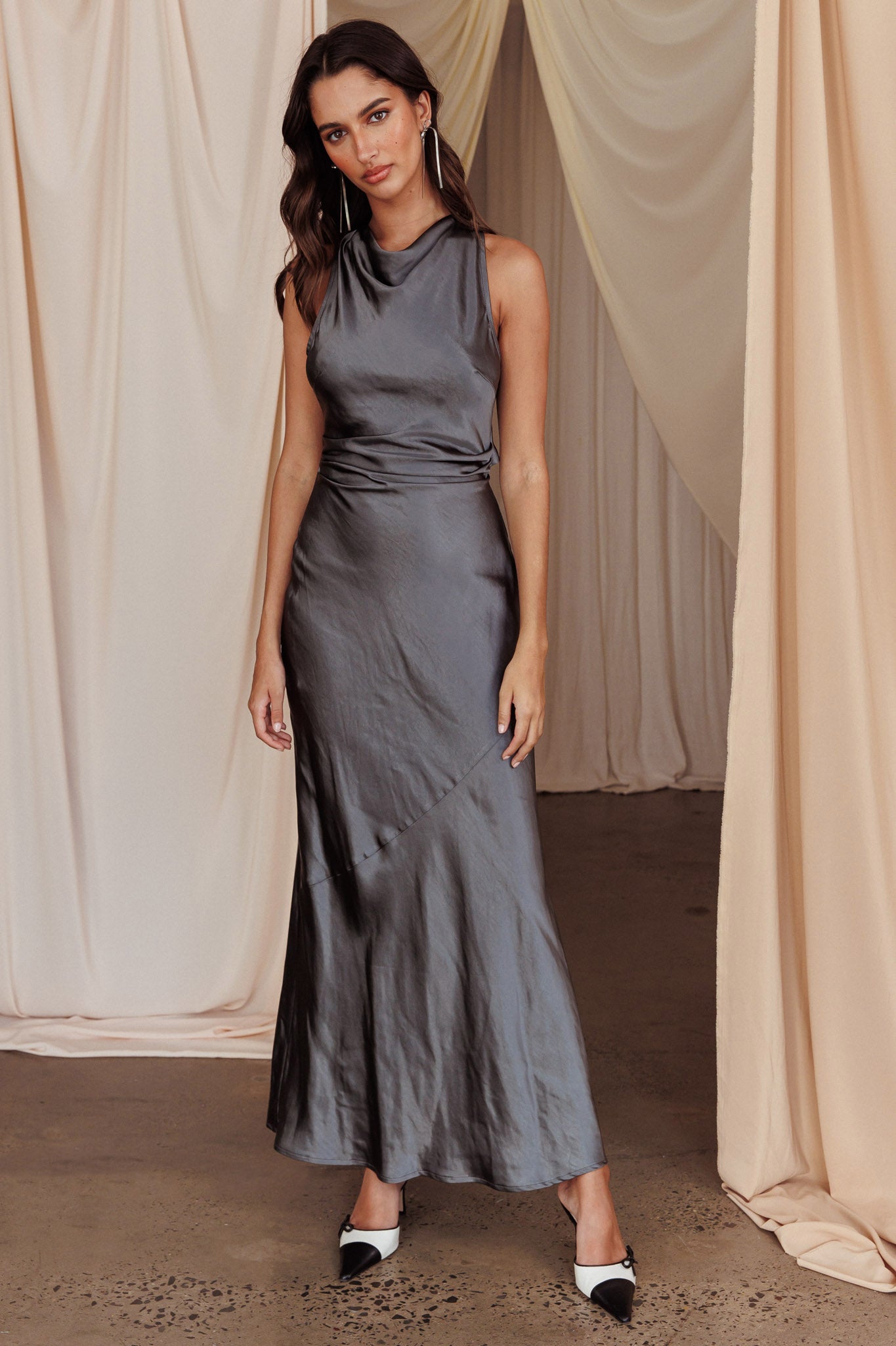 Moonlight Mirage Criss-Cross Back Maxi Dress Charcoal Moonlight Mirage Criss-Cross Back Maxi Dress Charcoal