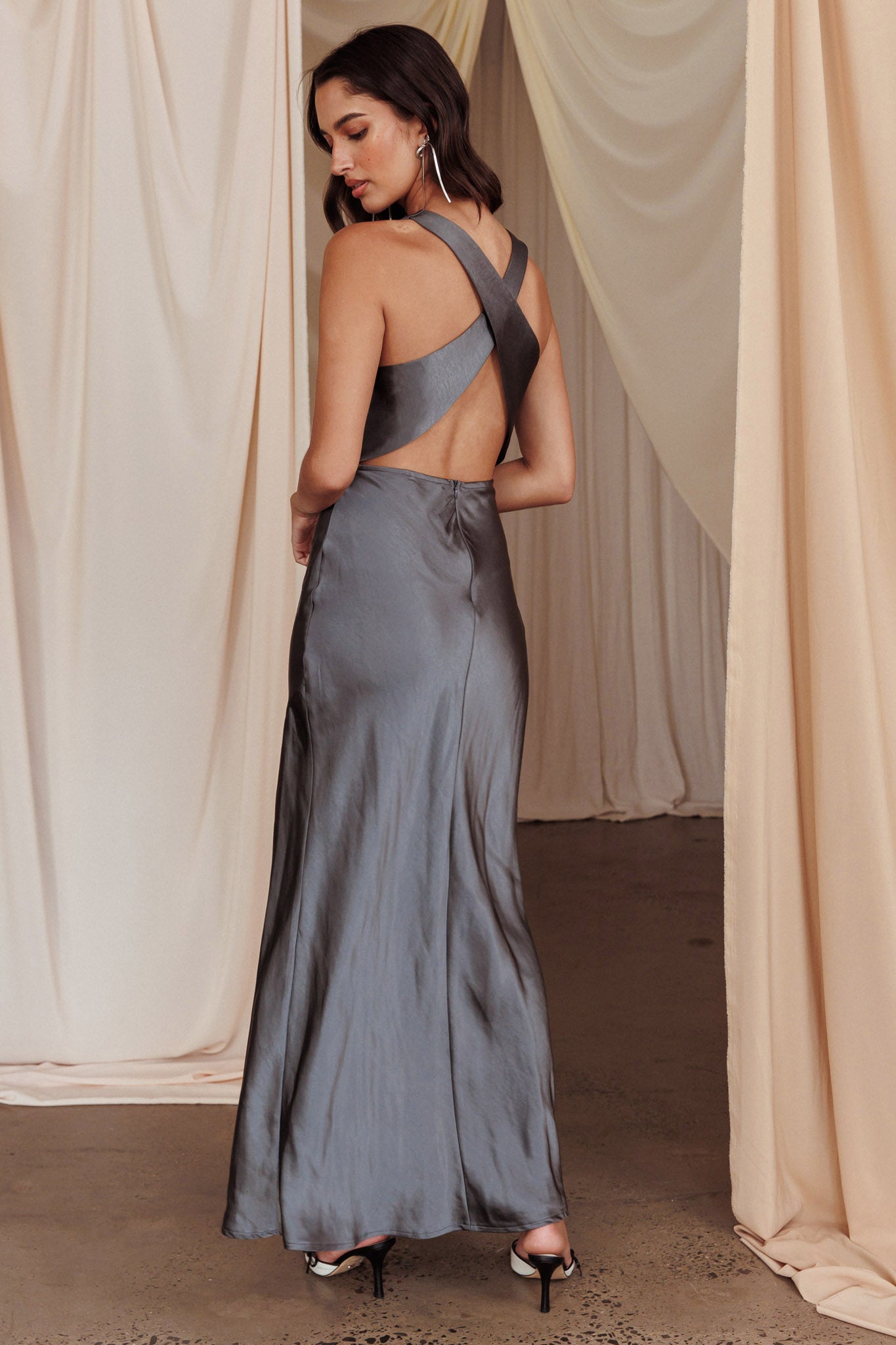 Moonlight Mirage Criss-Cross Back Maxi Dress Charcoal by Selfie Leslie