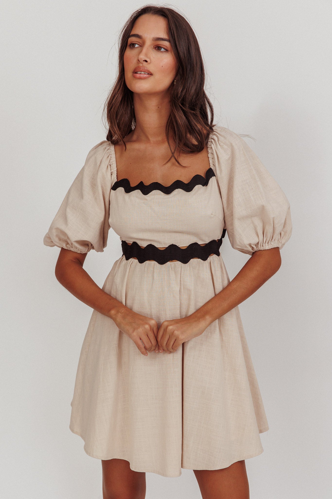 Akali Puff Sleeve A-line Mini Dress Oat | Selfie Leslie