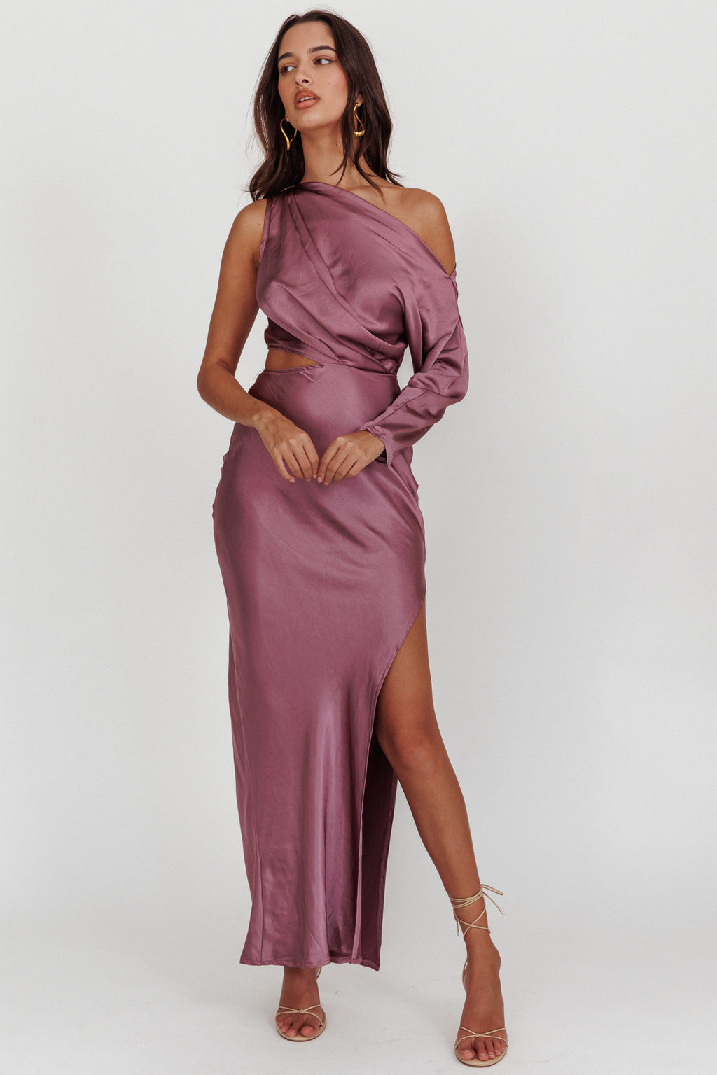 See You Again One Sleeve Maxi Dress Grape by Selfie Leslie