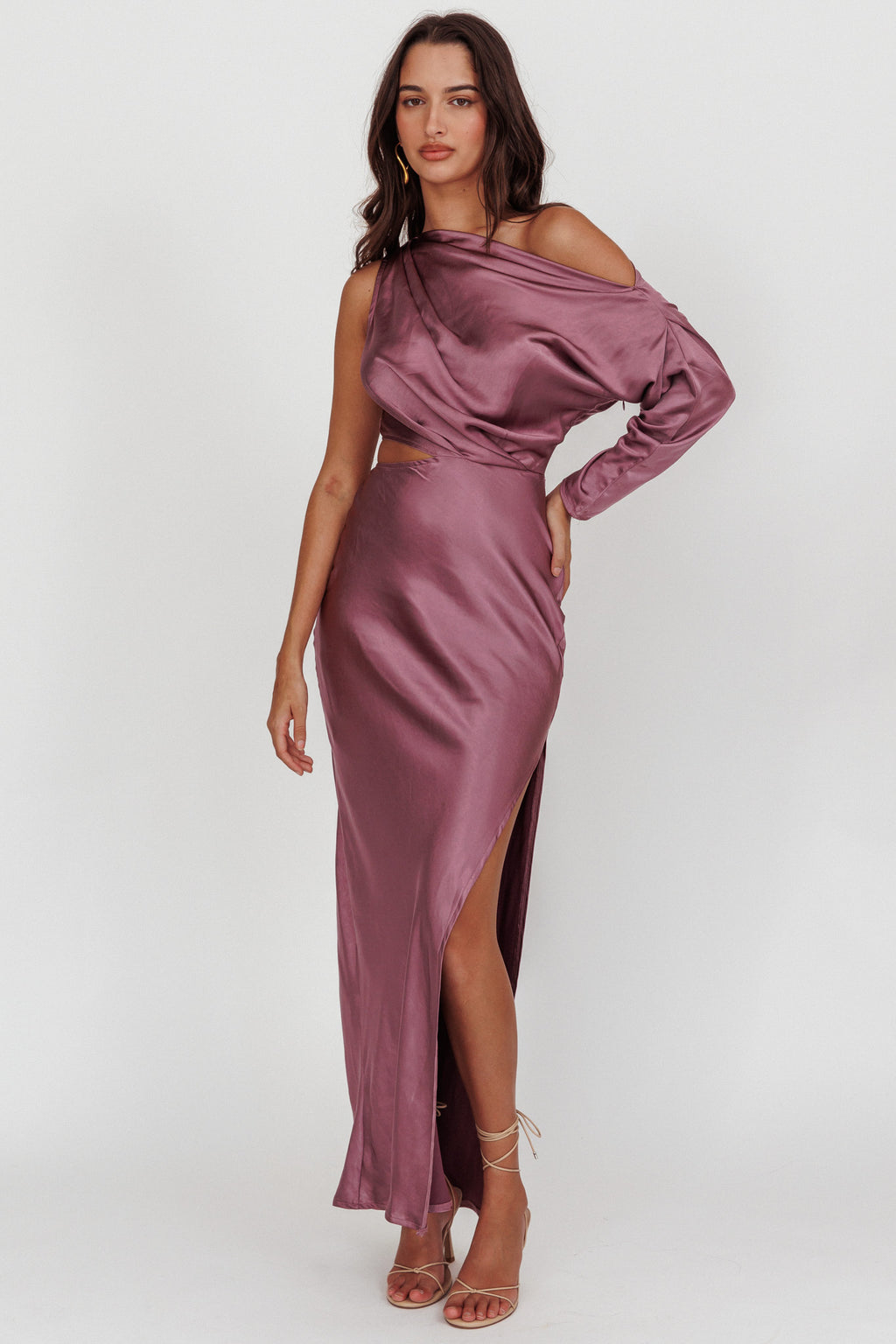 See You Again One Sleeve Maxi Dress Grape by Selfie Leslie