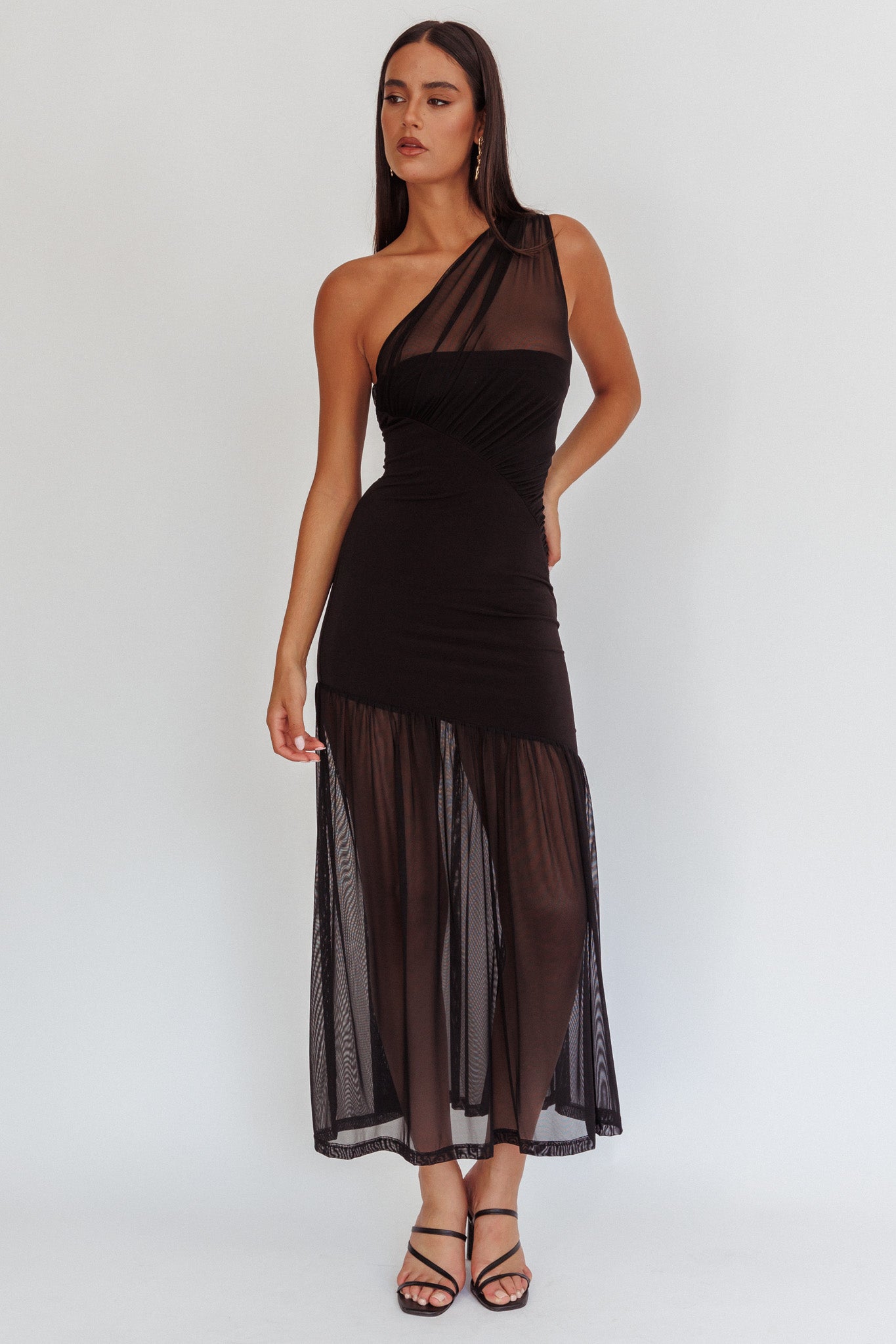 Passion One-Shoulder Mesh Maxi Dress Black by Selfie Leslie