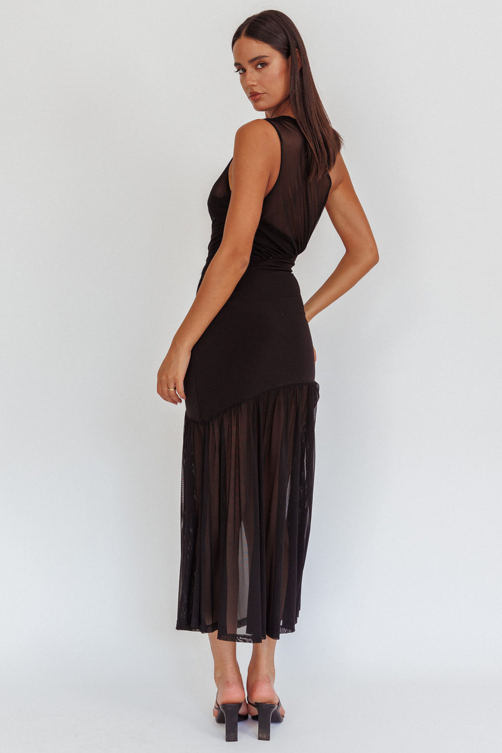 Passion One-Shoulder Mesh Maxi Dress Black by Selfie Leslie