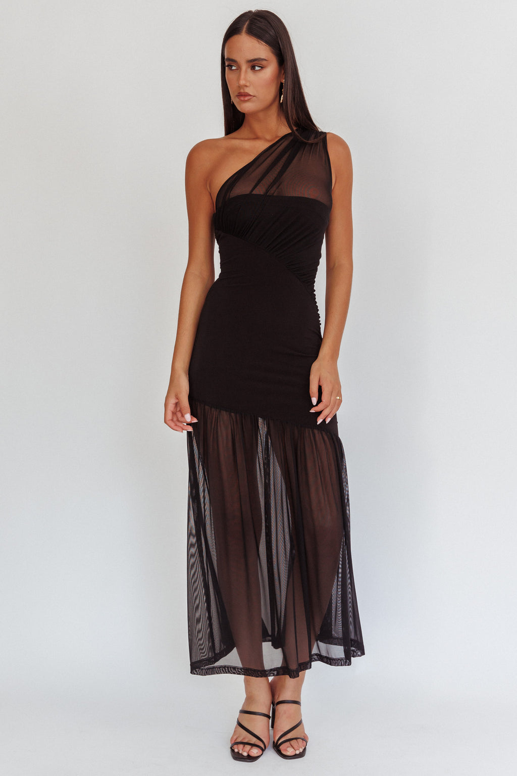 Passion One-Shoulder Mesh Maxi Dress Black by Selfie Leslie