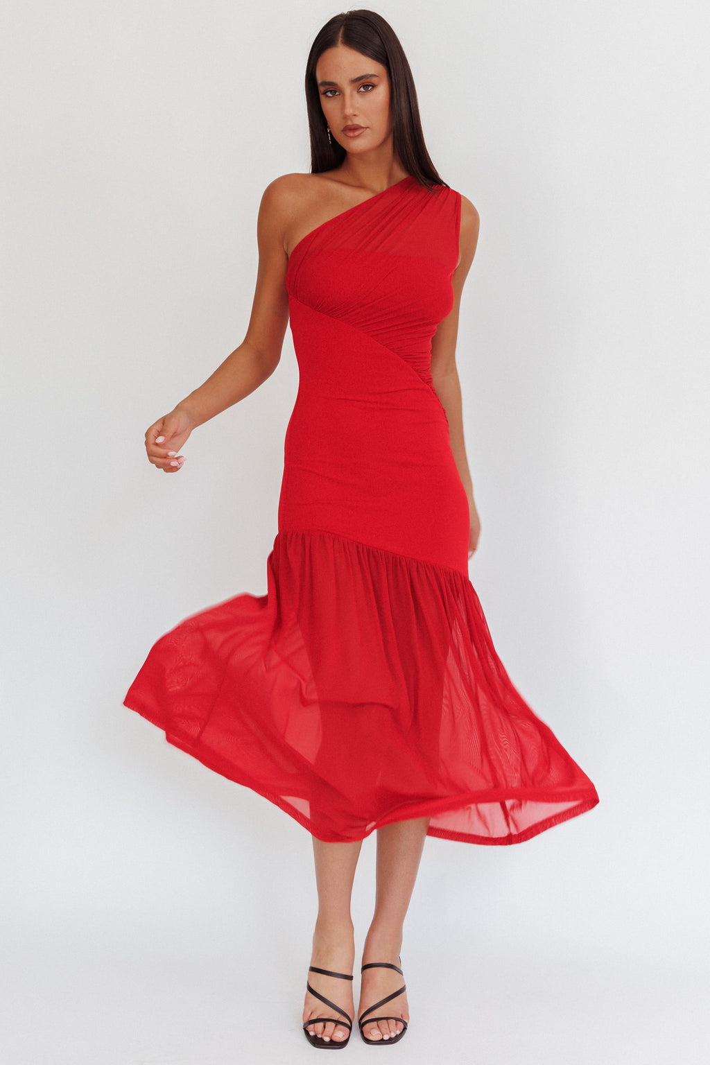 Passion One-Shoulder Mesh Maxi Dress Red by Selfie Leslie