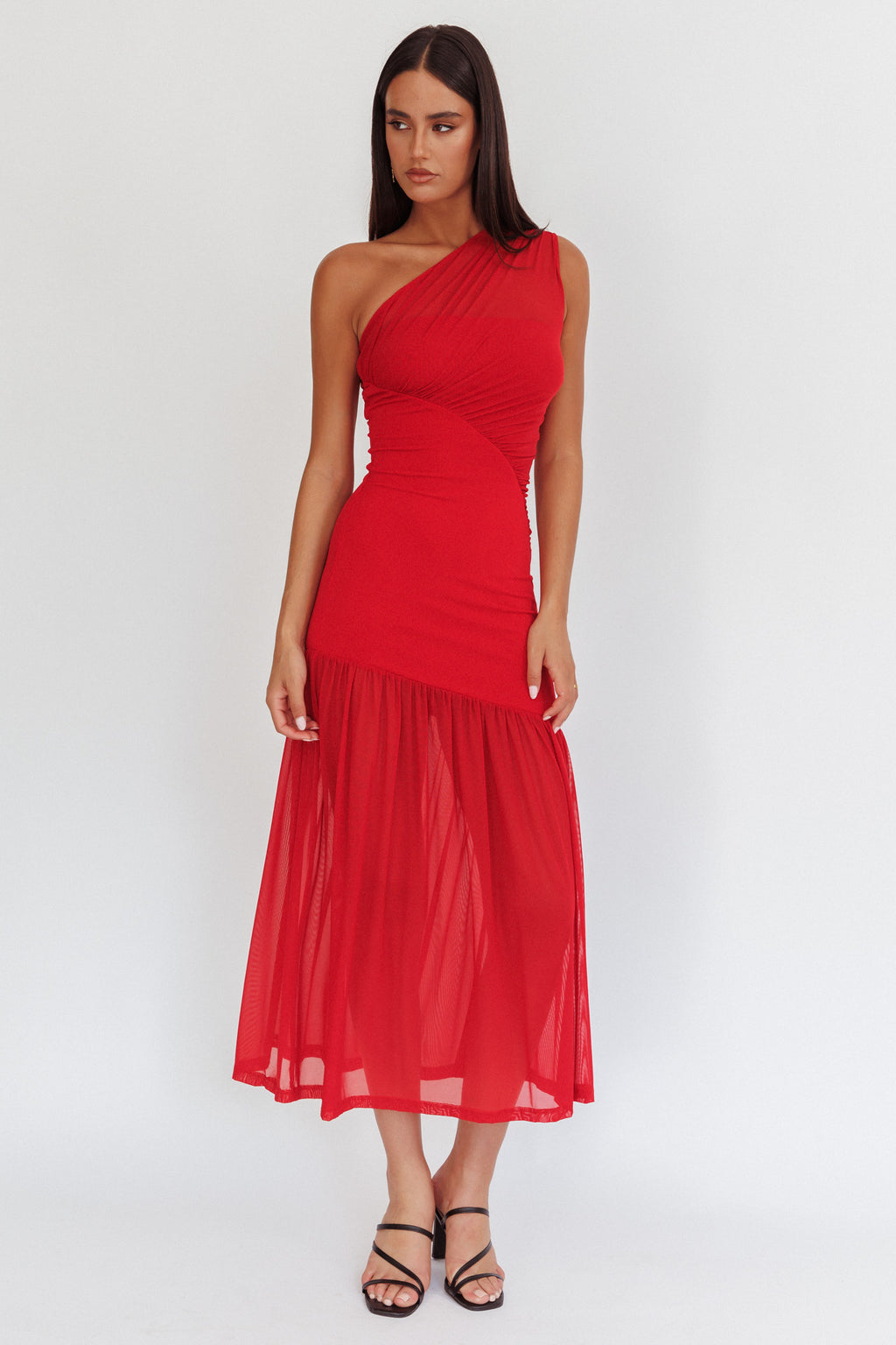 Passion One-Shoulder Mesh Maxi Dress Red by Selfie Leslie