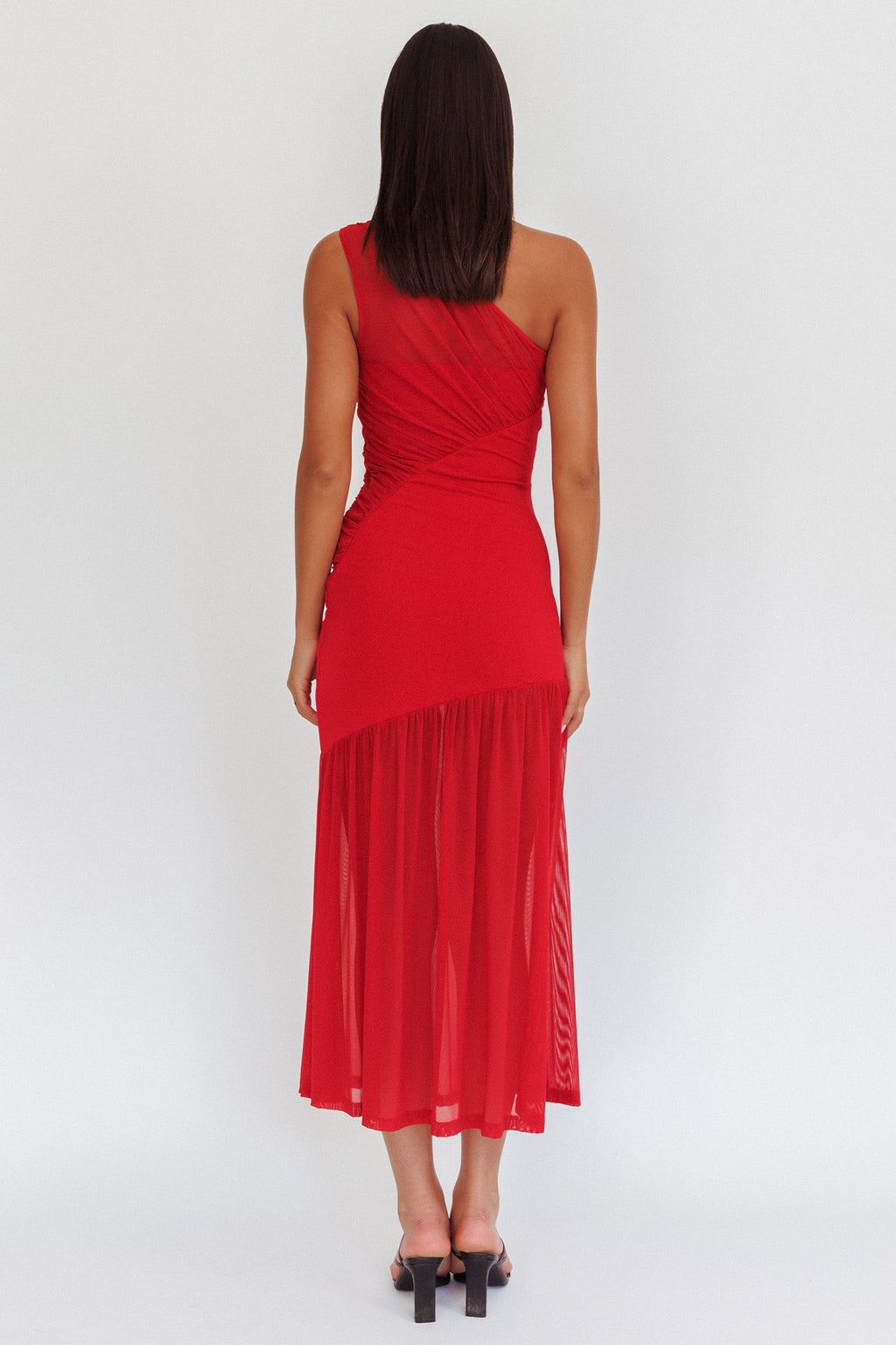 Passion One-Shoulder Mesh Maxi Dress Red by Selfie Leslie