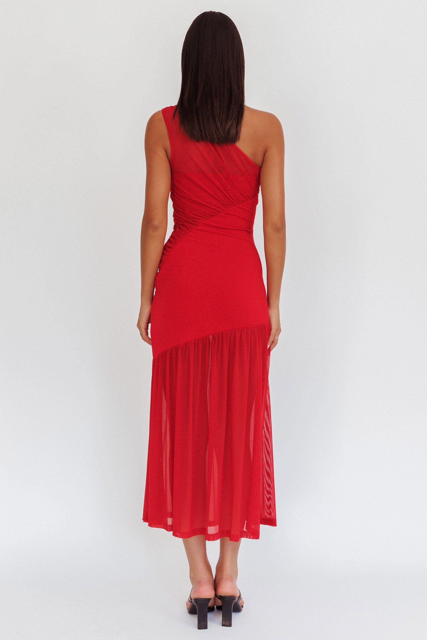 Passion One-Shoulder Mesh Maxi Dress Red by Selfie Leslie