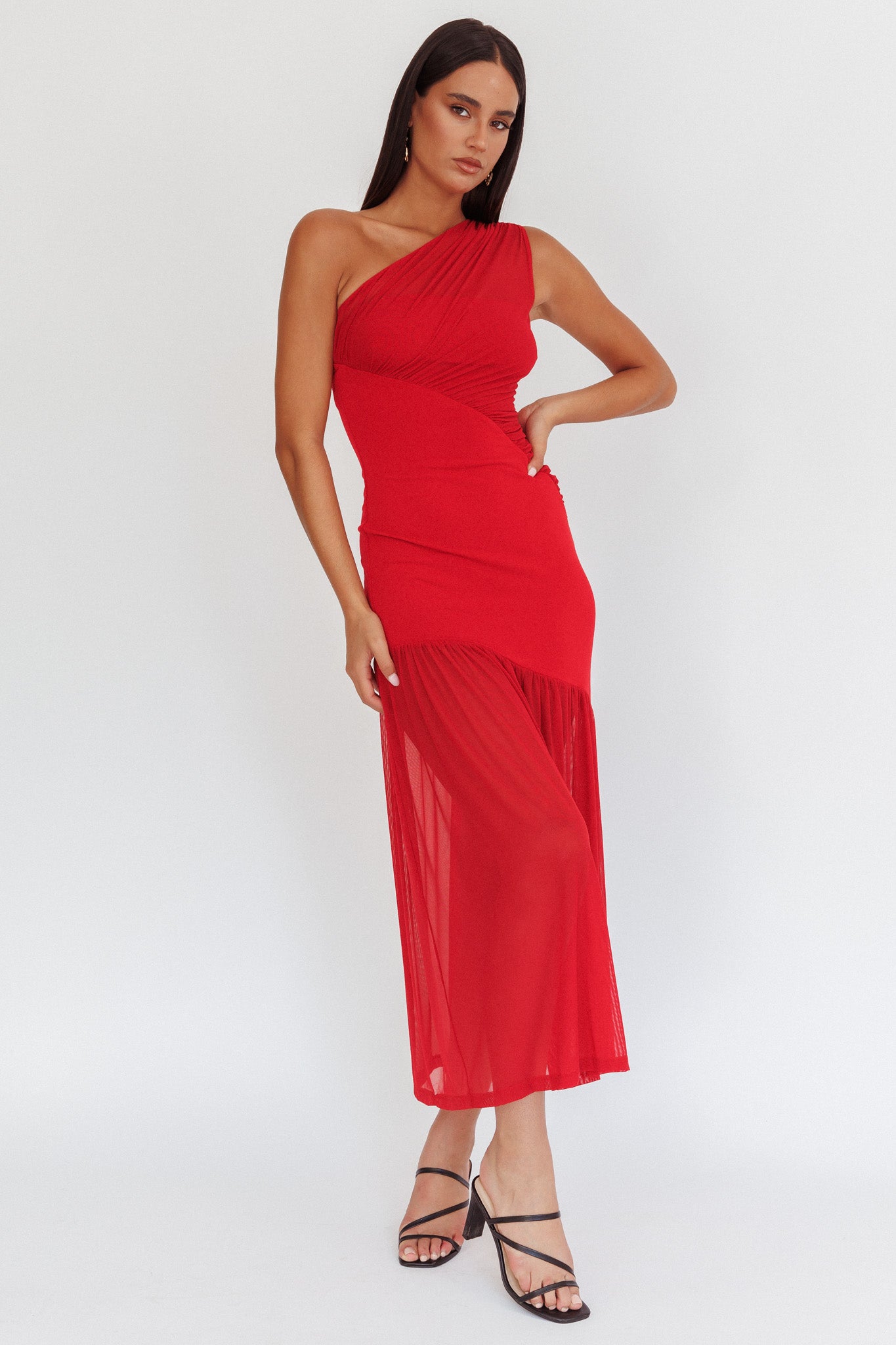 Passion One-Shoulder Mesh Maxi Dress Red by Selfie Leslie