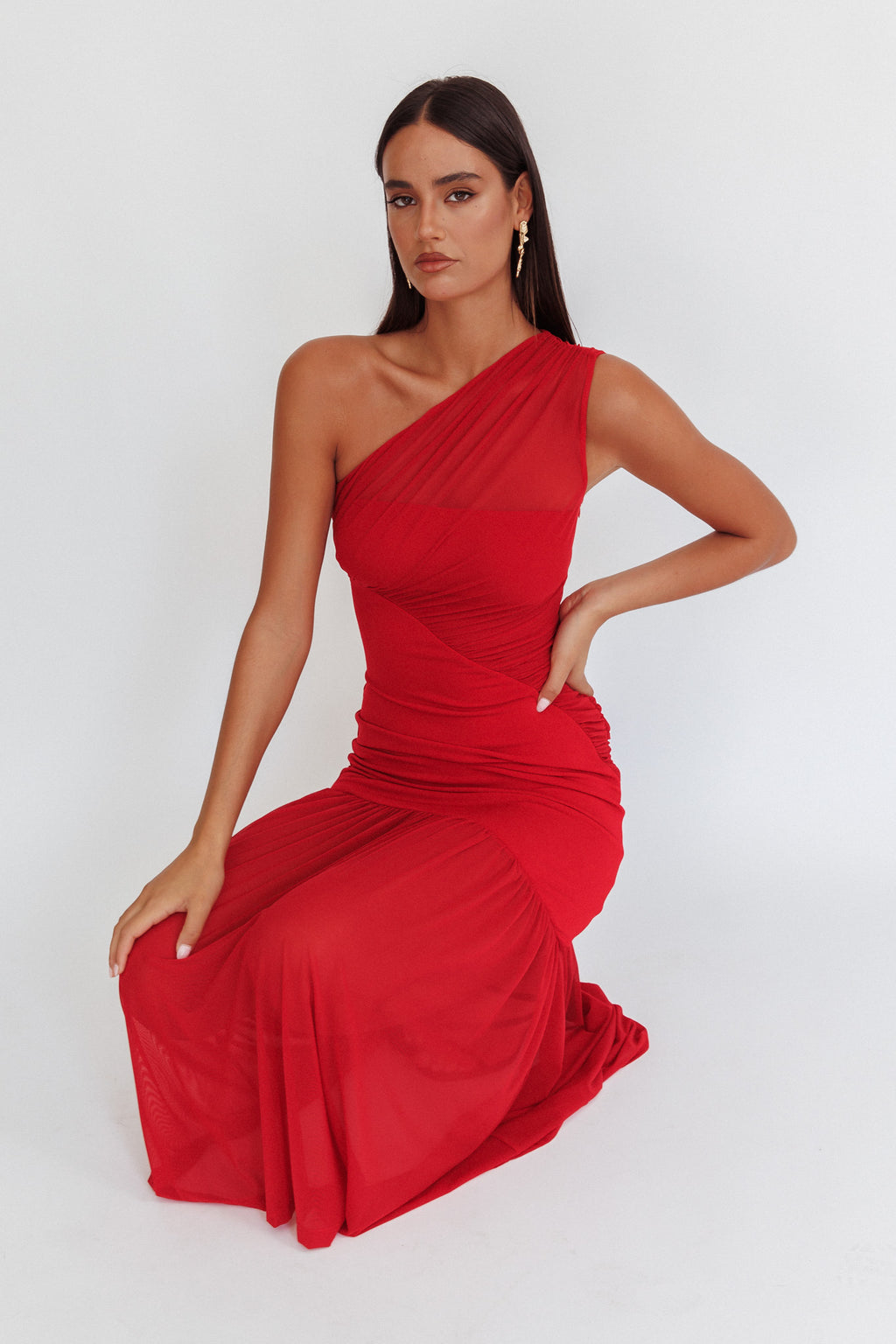 Passion One-Shoulder Mesh Maxi Dress Red by Selfie Leslie