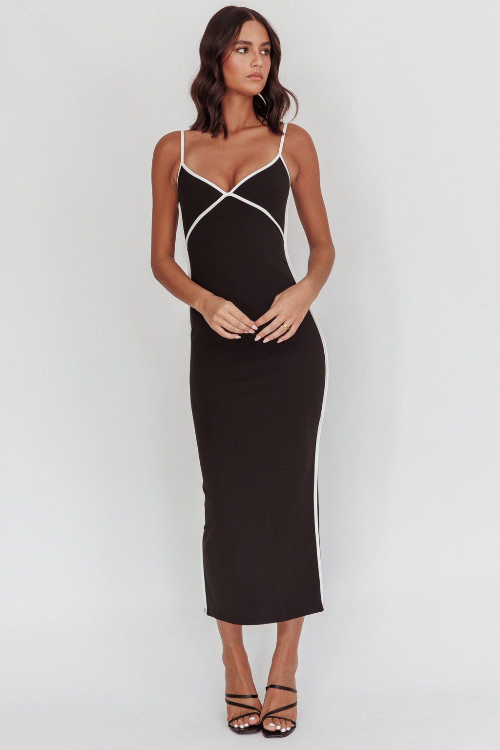 She's A Mystery Piping Trim Maxi Dress Black by Selfie Leslie