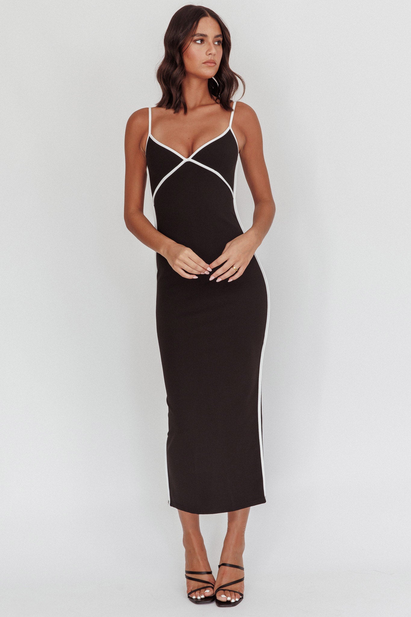 She's A Mystery Piping Trim Maxi Dress Black by Selfie Leslie