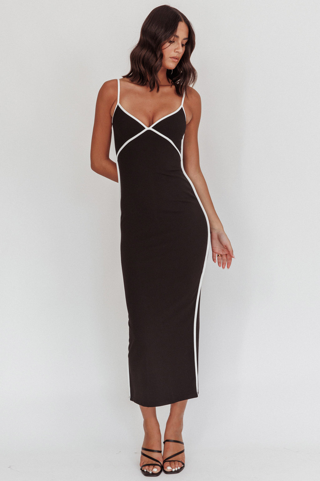 She's A Mystery Piping Trim Maxi Dress Black by Selfie Leslie