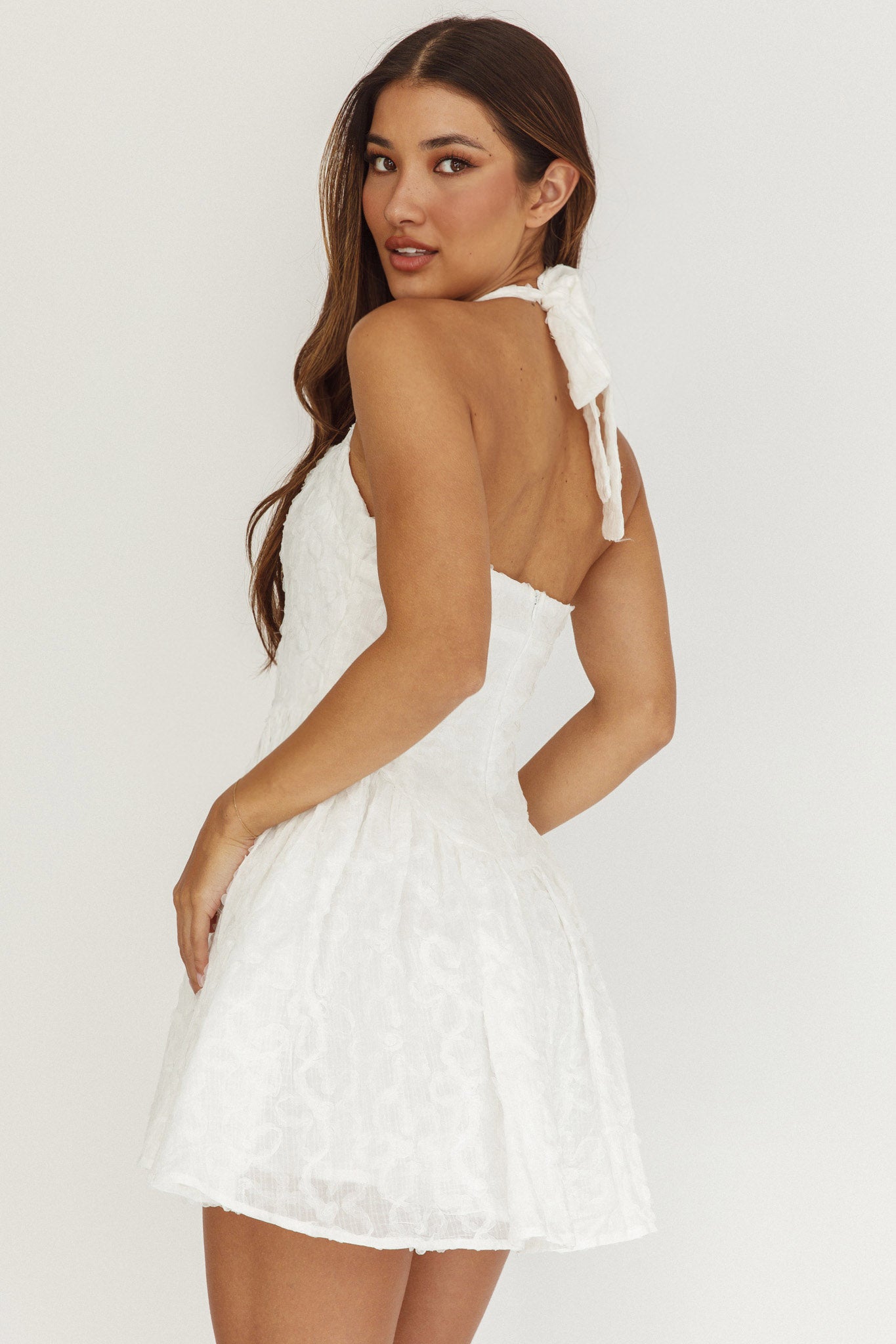 Rune Halterneck Mini Dress Applique White by Selfie Leslie