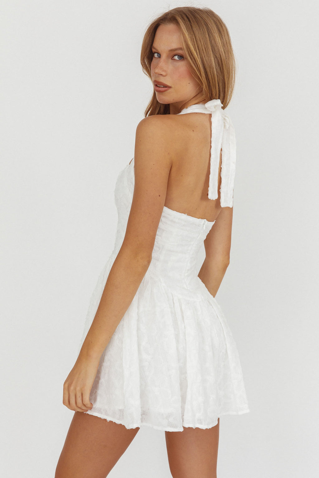 Rune Halterneck Mini Dress Applique White by Selfie Leslie