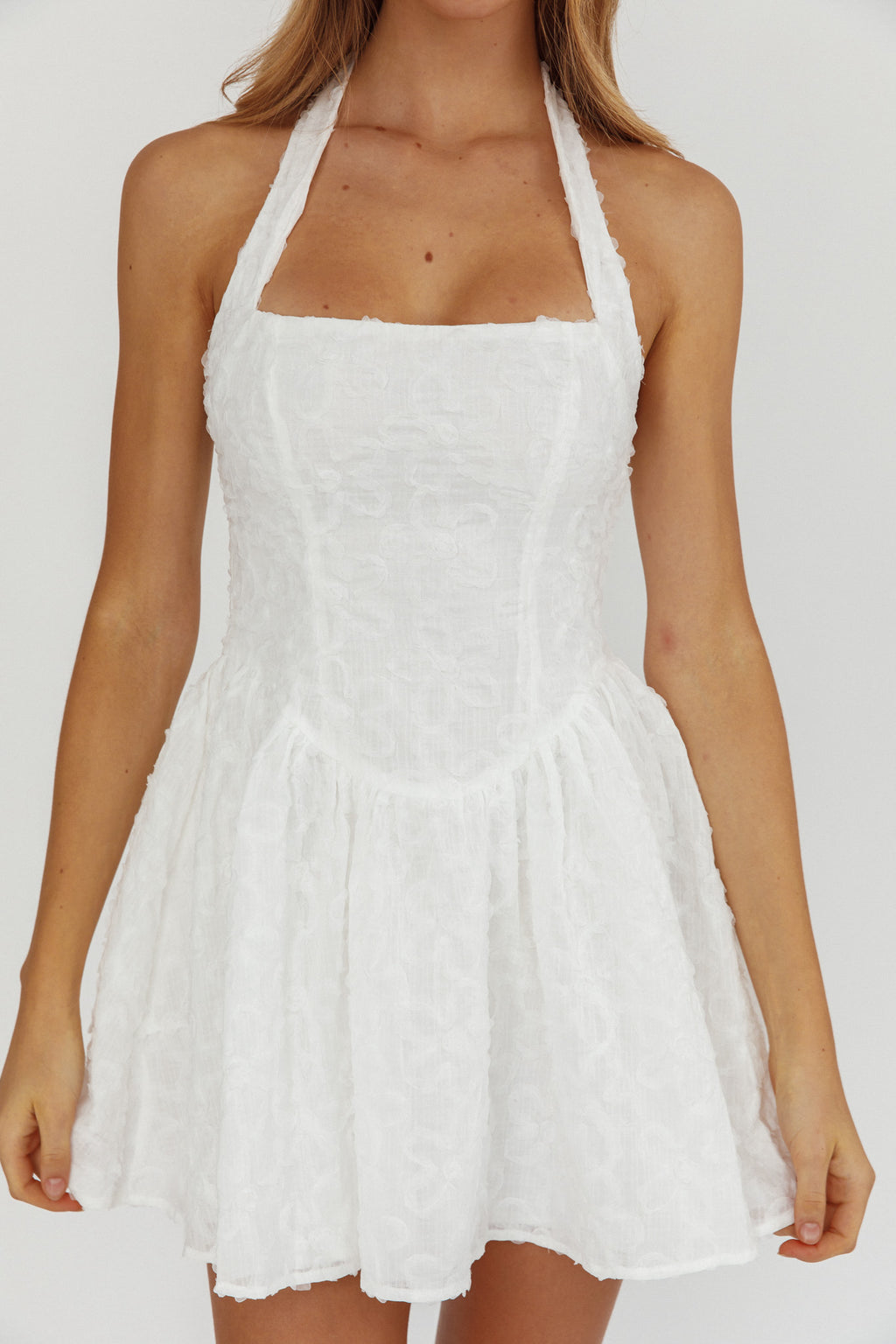 Rune Halterneck Mini Dress Applique White by Selfie Leslie