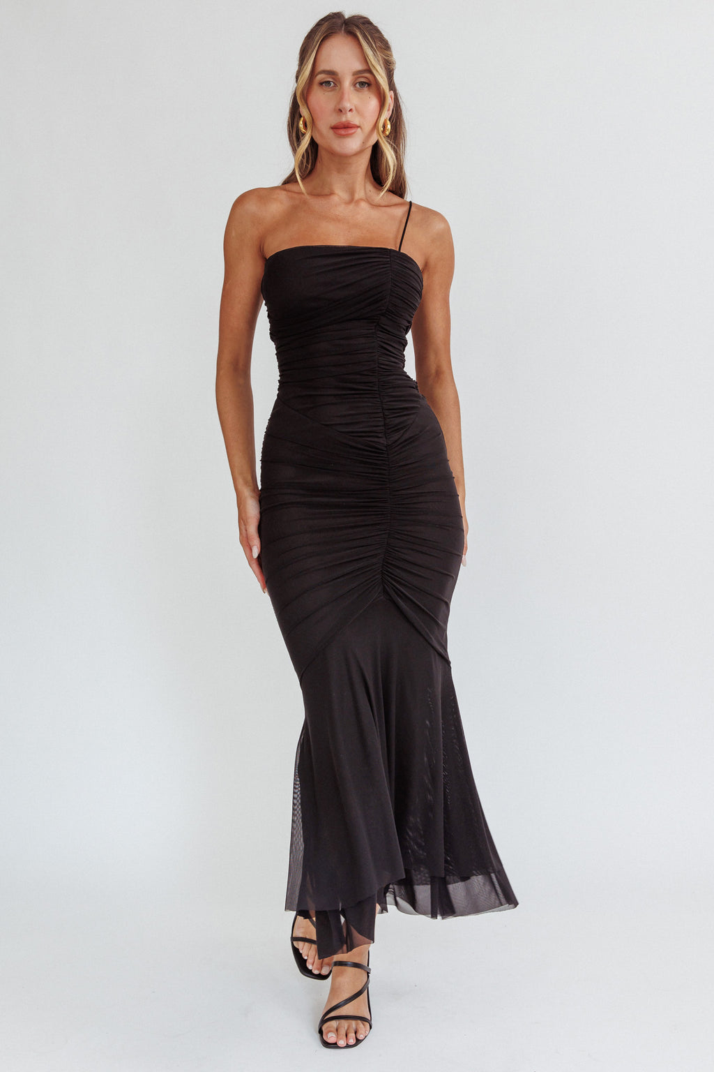 By Chance One Strap Ruched Maxi Dress Black by Selfie Leslie
