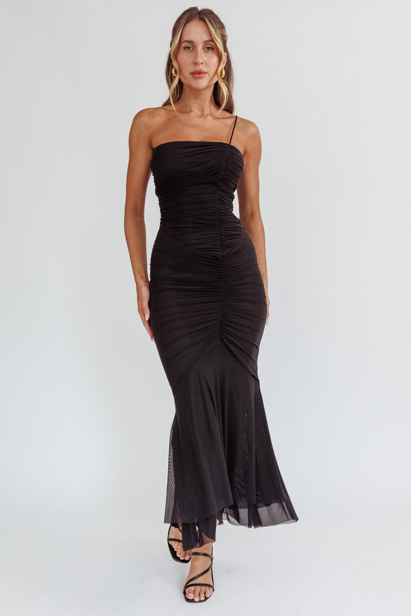 By Chance One Strap Ruched Maxi Dress Black by Selfie Leslie