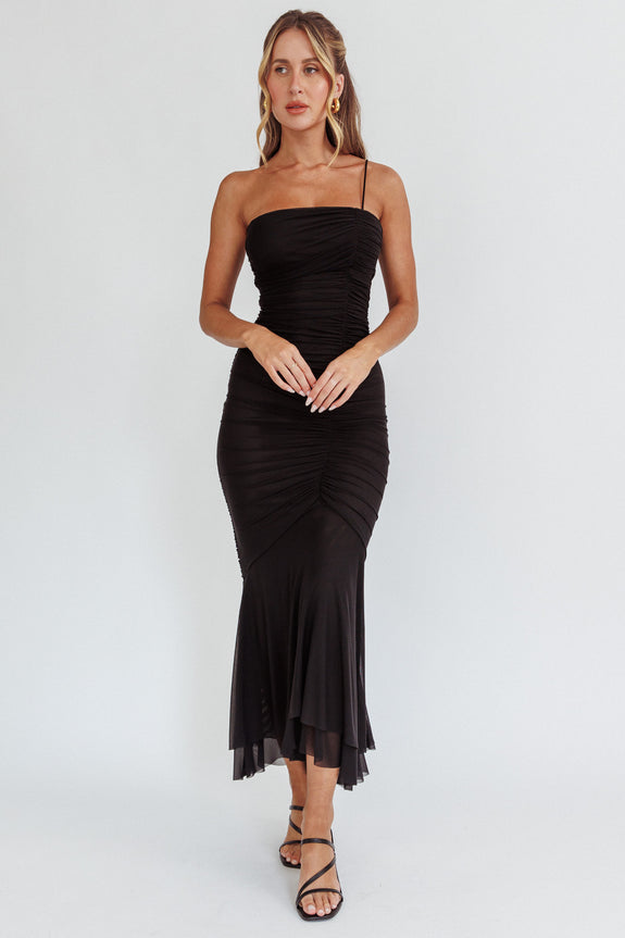 By Chance One Strap Ruched Maxi Dress Black