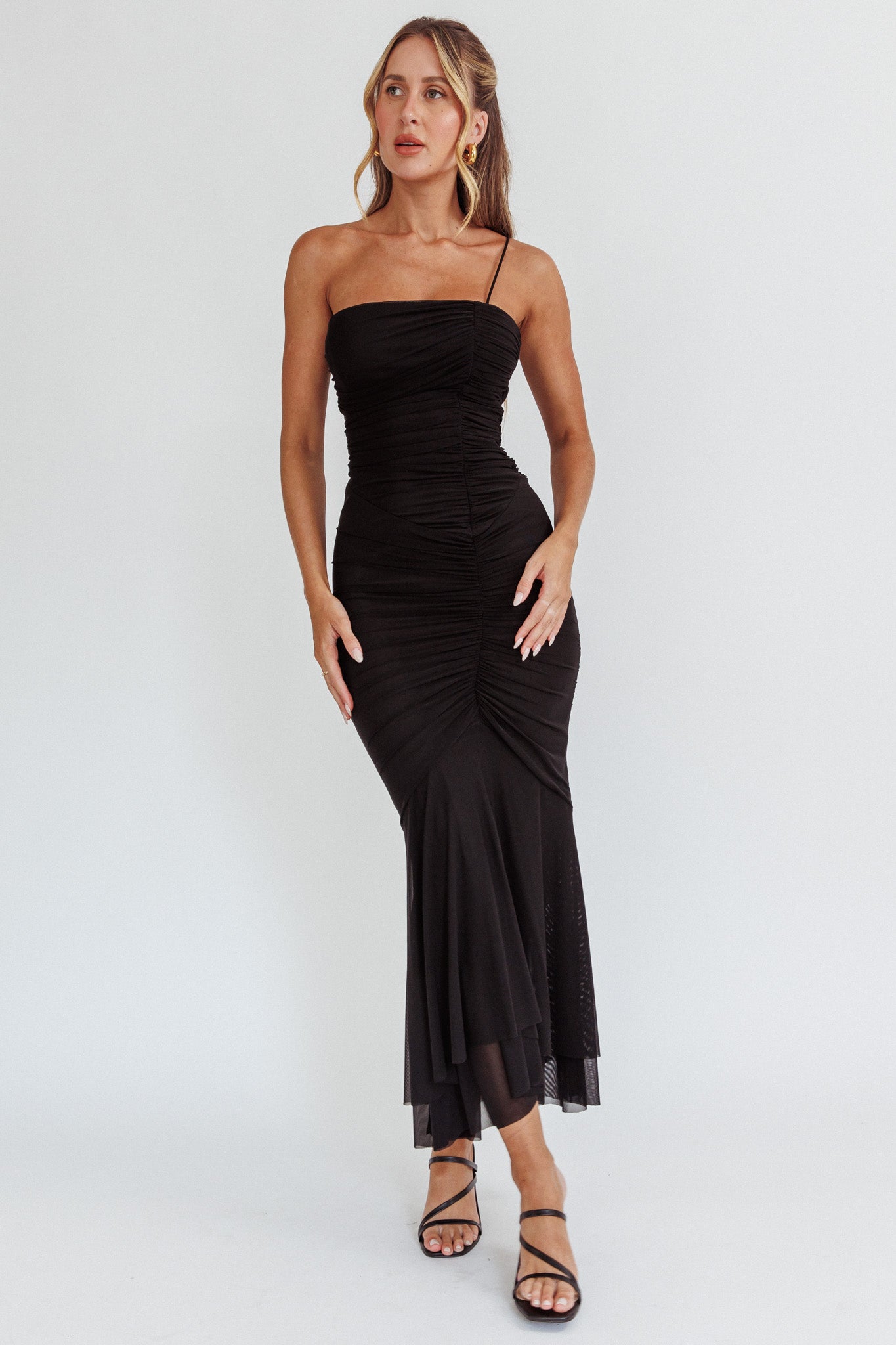 By Chance One Strap Ruched Maxi Dress Black by Selfie Leslie