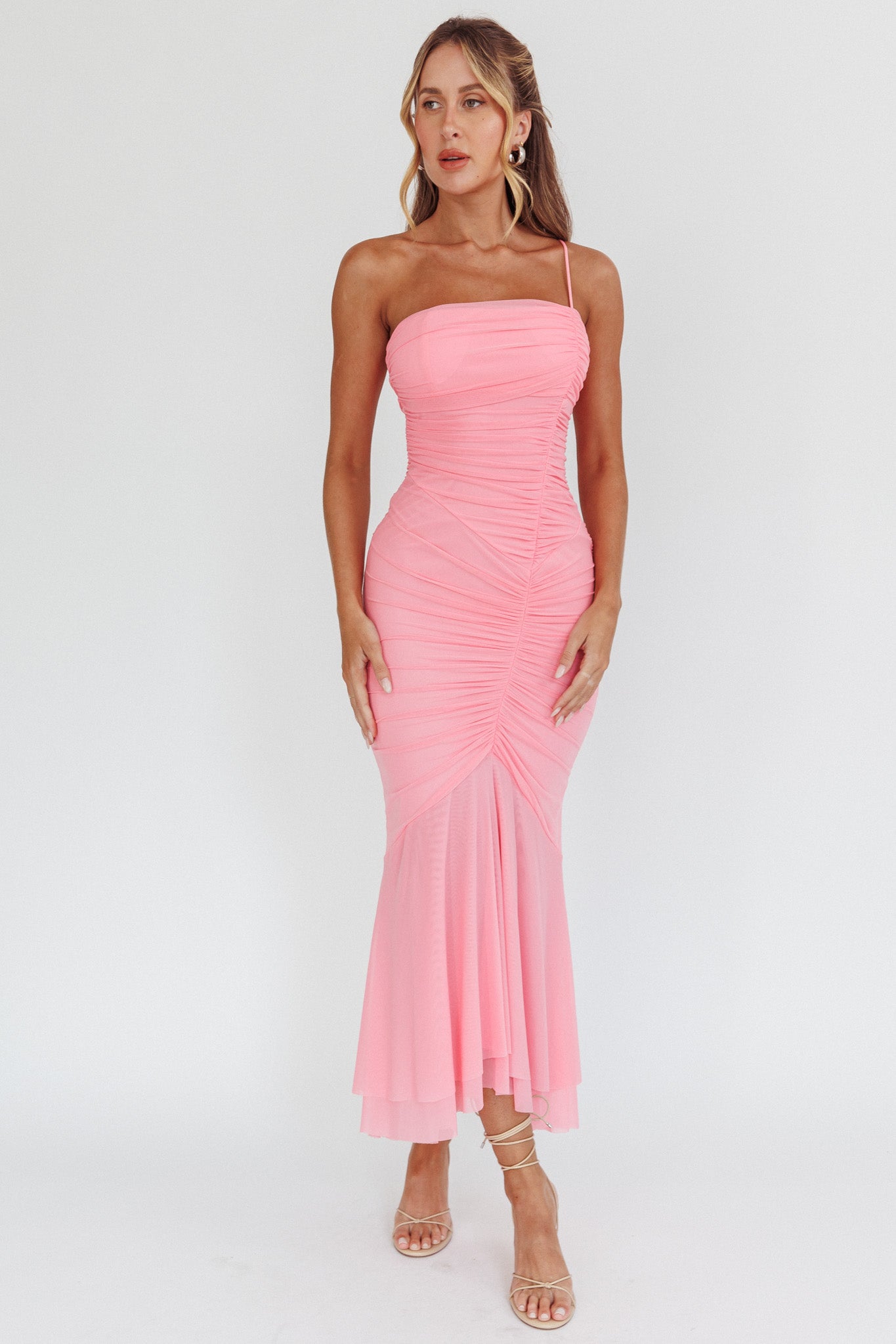 By Chance One Strap Ruched Maxi Dress Pink by Selfie Leslie