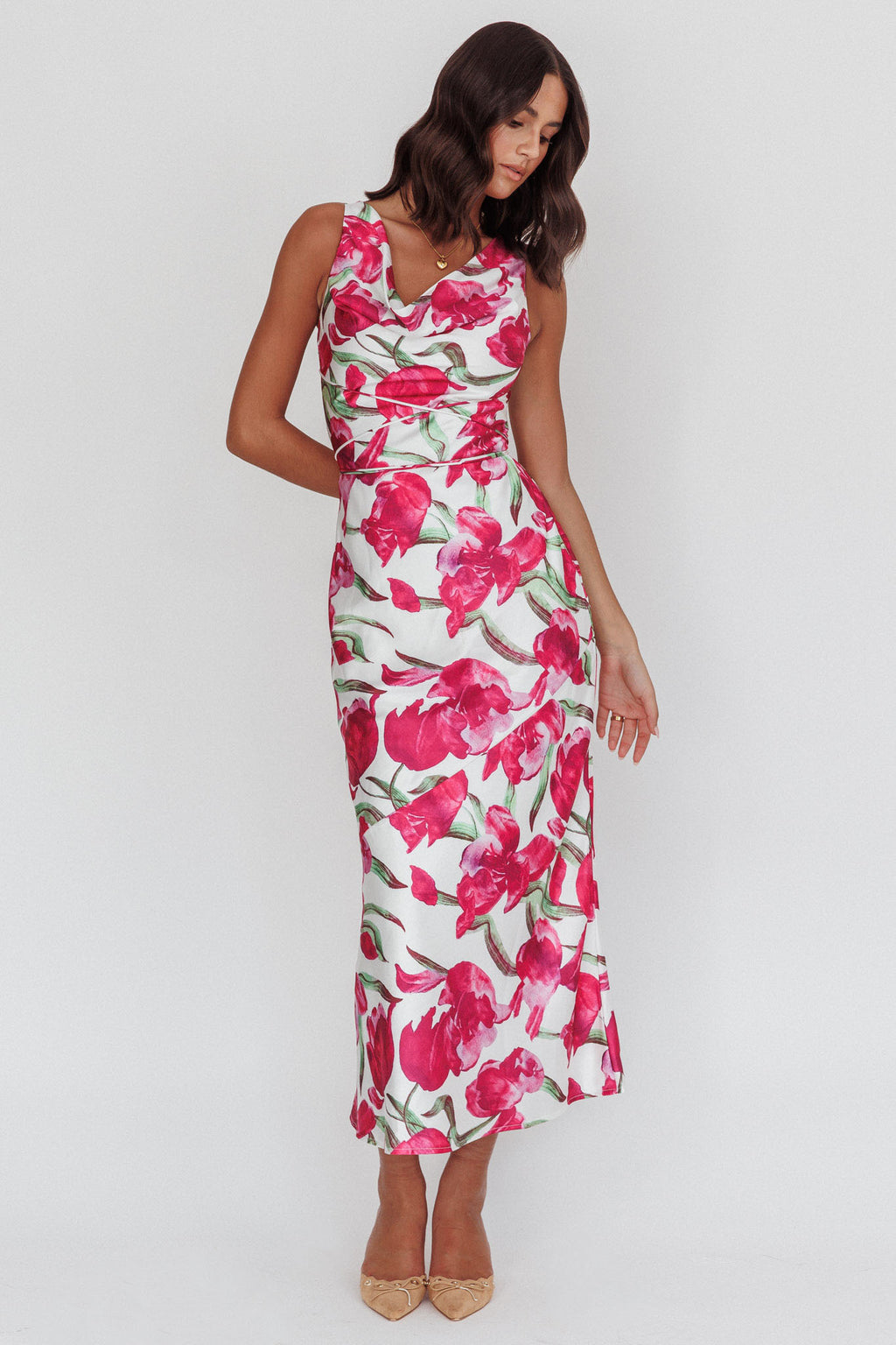 Serenitie Cowl Neck Waist Tie Maxi Dress Floral Pink by Selfie Leslie