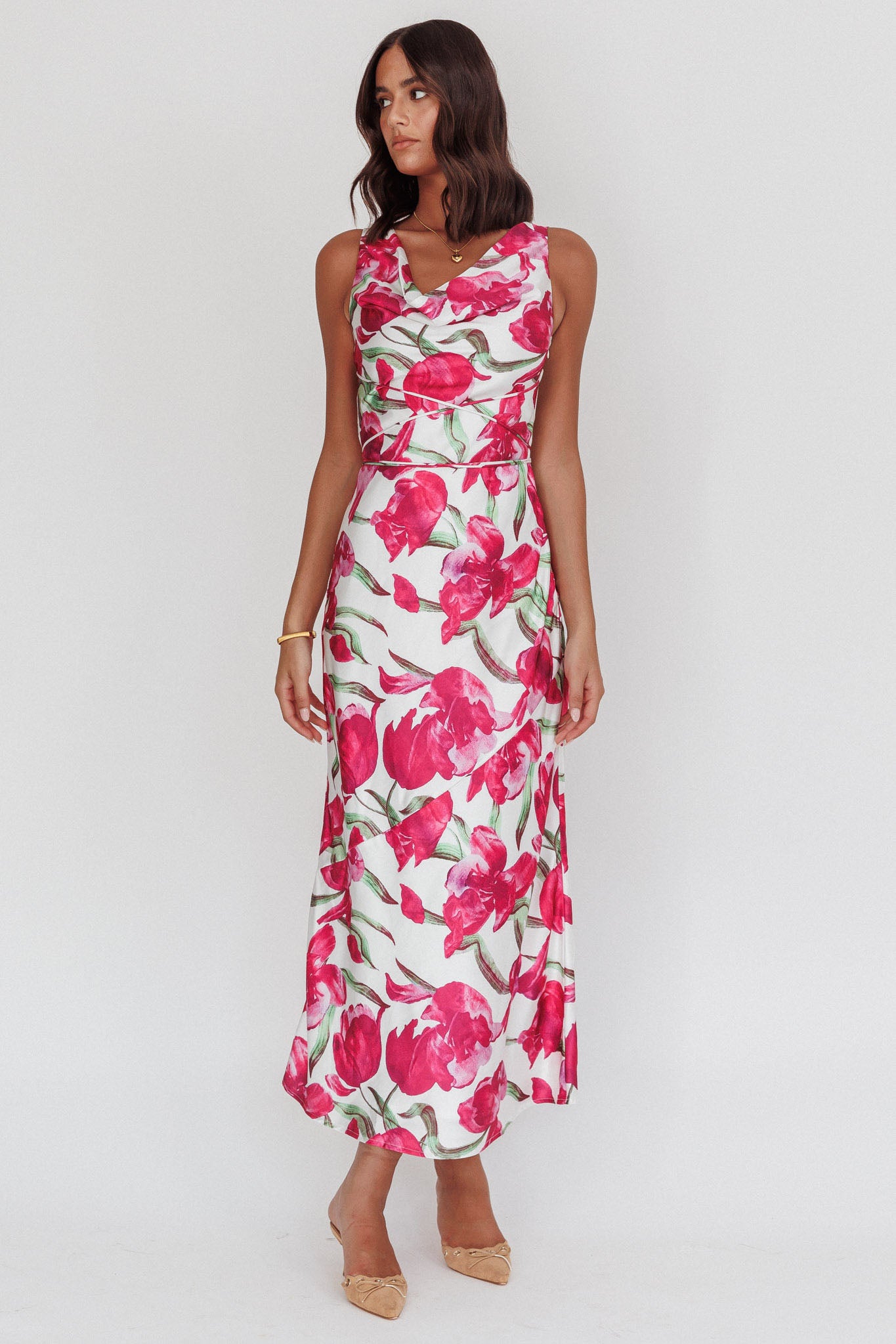 Serenitie Cowl Neck Waist Tie Maxi Dress Floral Pink by Selfie Leslie