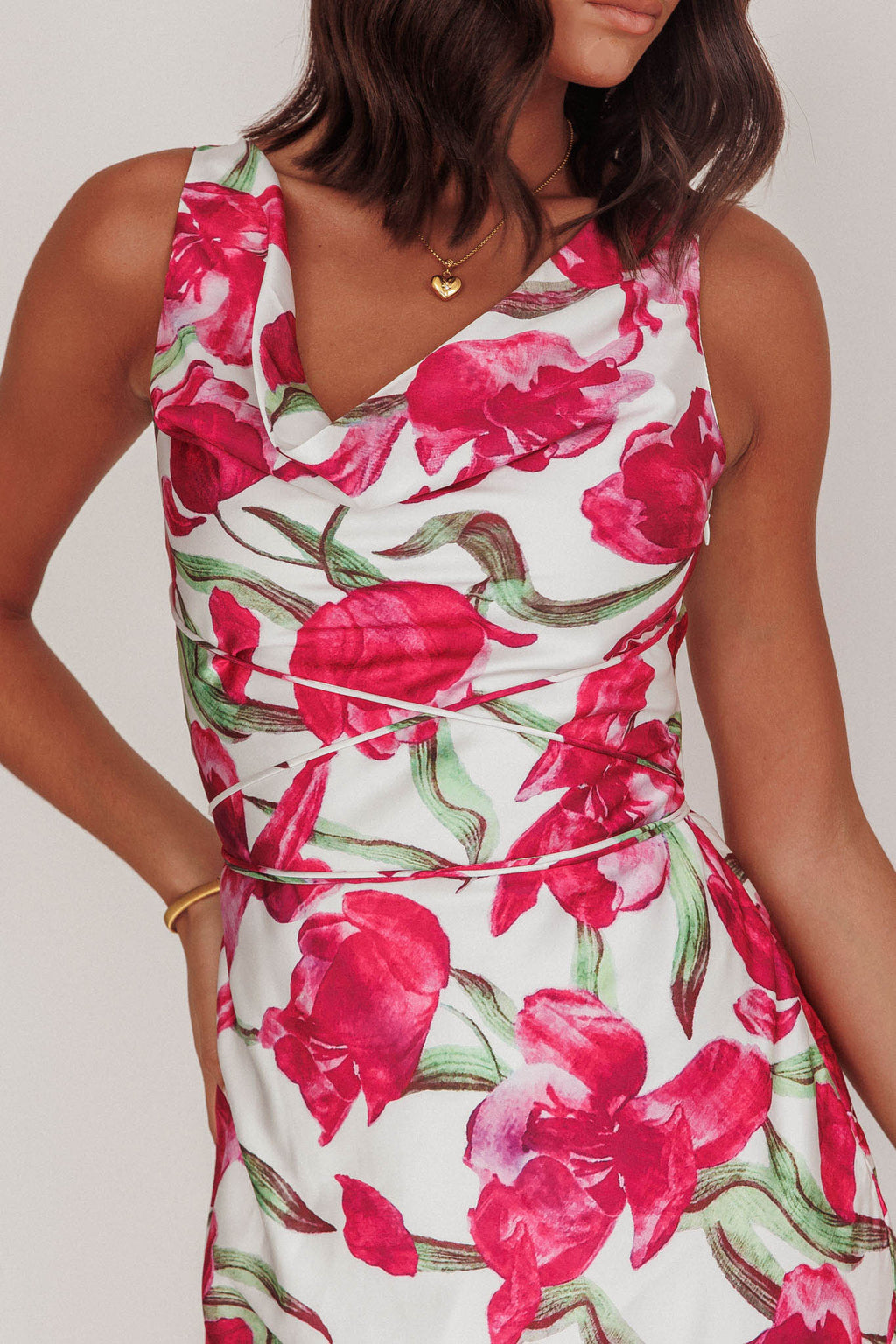 Serenitie Cowl Neck Waist Tie Maxi Dress Floral Pink by Selfie Leslie