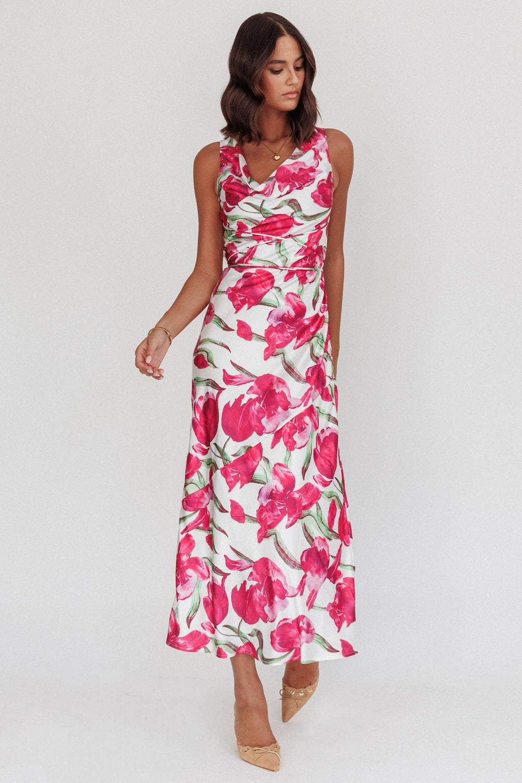 Serenitie Cowl Neck Waist Tie Maxi Dress Floral Pink by Selfie Leslie