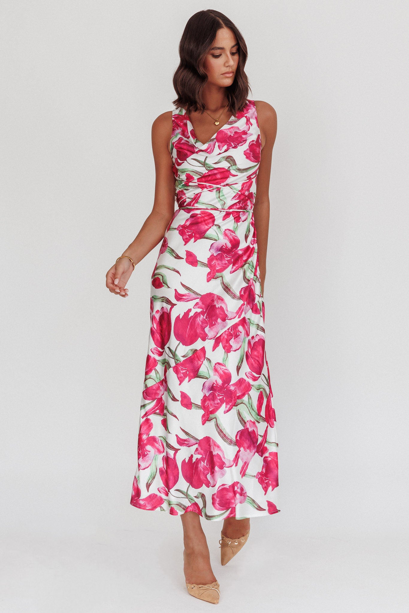 Serenitie Cowl Neck Waist Tie Maxi Dress Floral Pink by Selfie Leslie