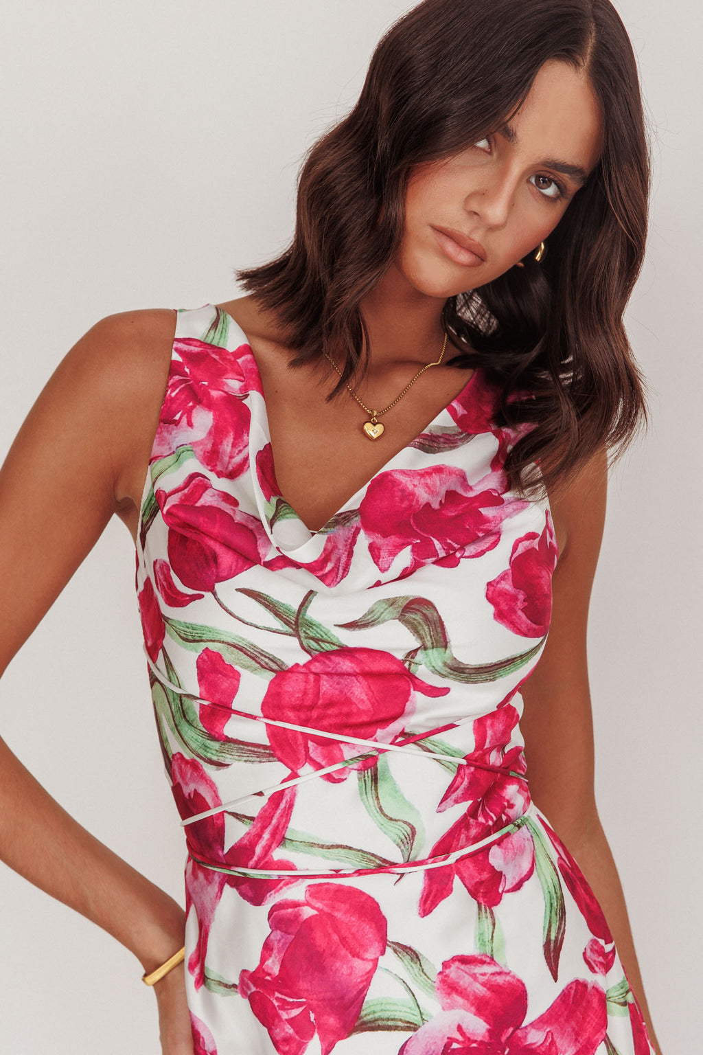 Serenitie Cowl Neck Waist Tie Maxi Dress Floral Pink by Selfie Leslie