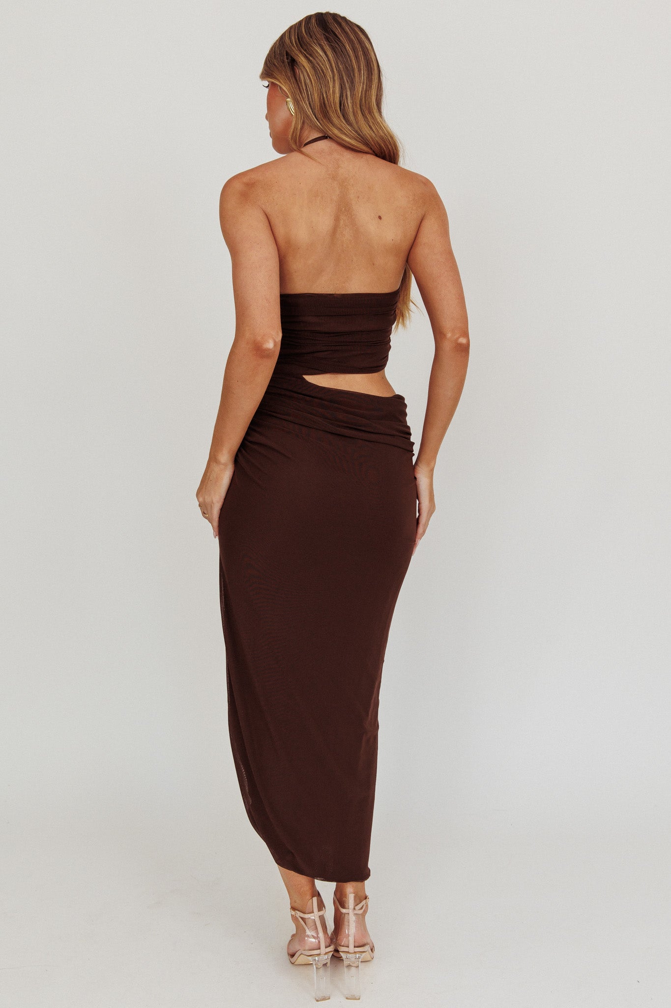 Somebody Cut-Out Halter Neck Midi Dress Chocolate by Selfie Leslie