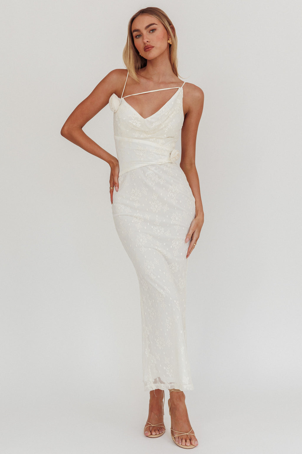 Golden Glow Rosette Cowl Neck Maxi Dress Beige by Selfie Leslie