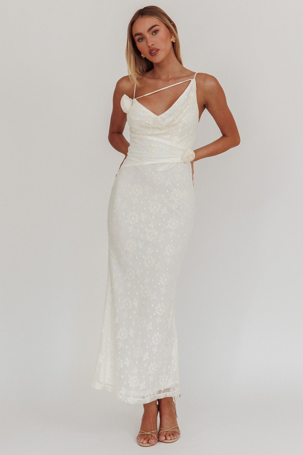 Golden Glow Rosette Cowl Neck Maxi Dress Beige by Selfie Leslie