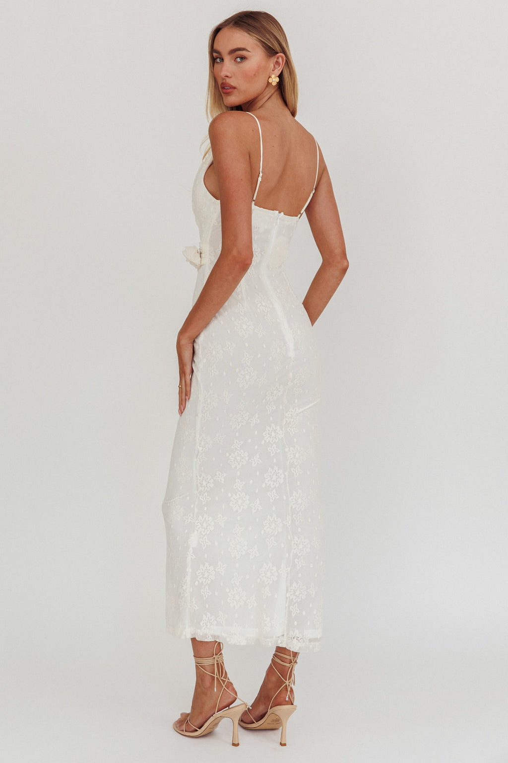 Golden Glow Rosette Cowl Neck Maxi Dress Beige by Selfie Leslie