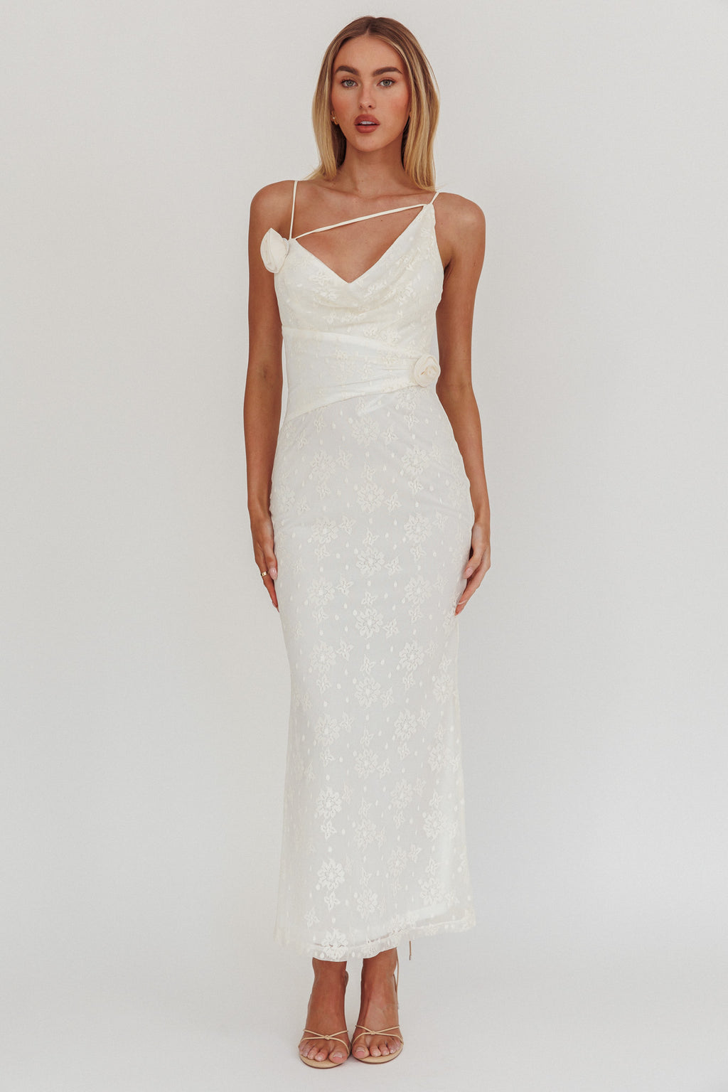 Golden Glow Rosette Cowl Neck Maxi Dress Beige by Selfie Leslie